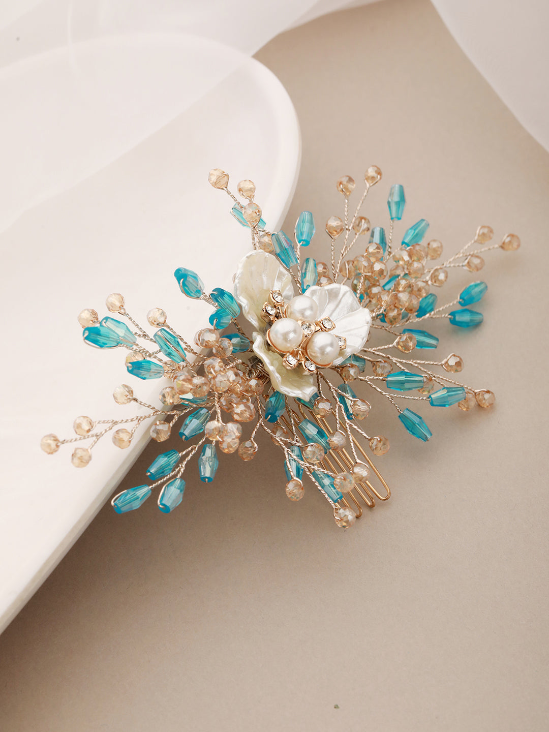 Gold Toned Mother Of Pearl Embellished Blue Hair Comb  Pin