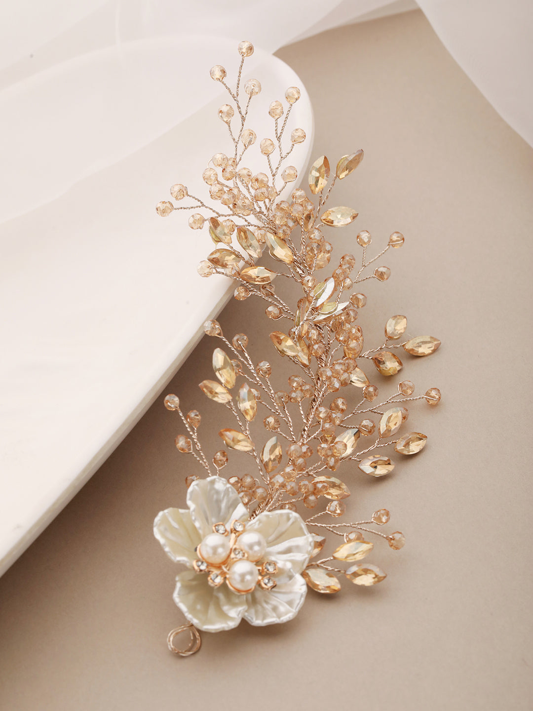 Gold  Toned Coral Pearl Embedded Statement Hair Comb Pin