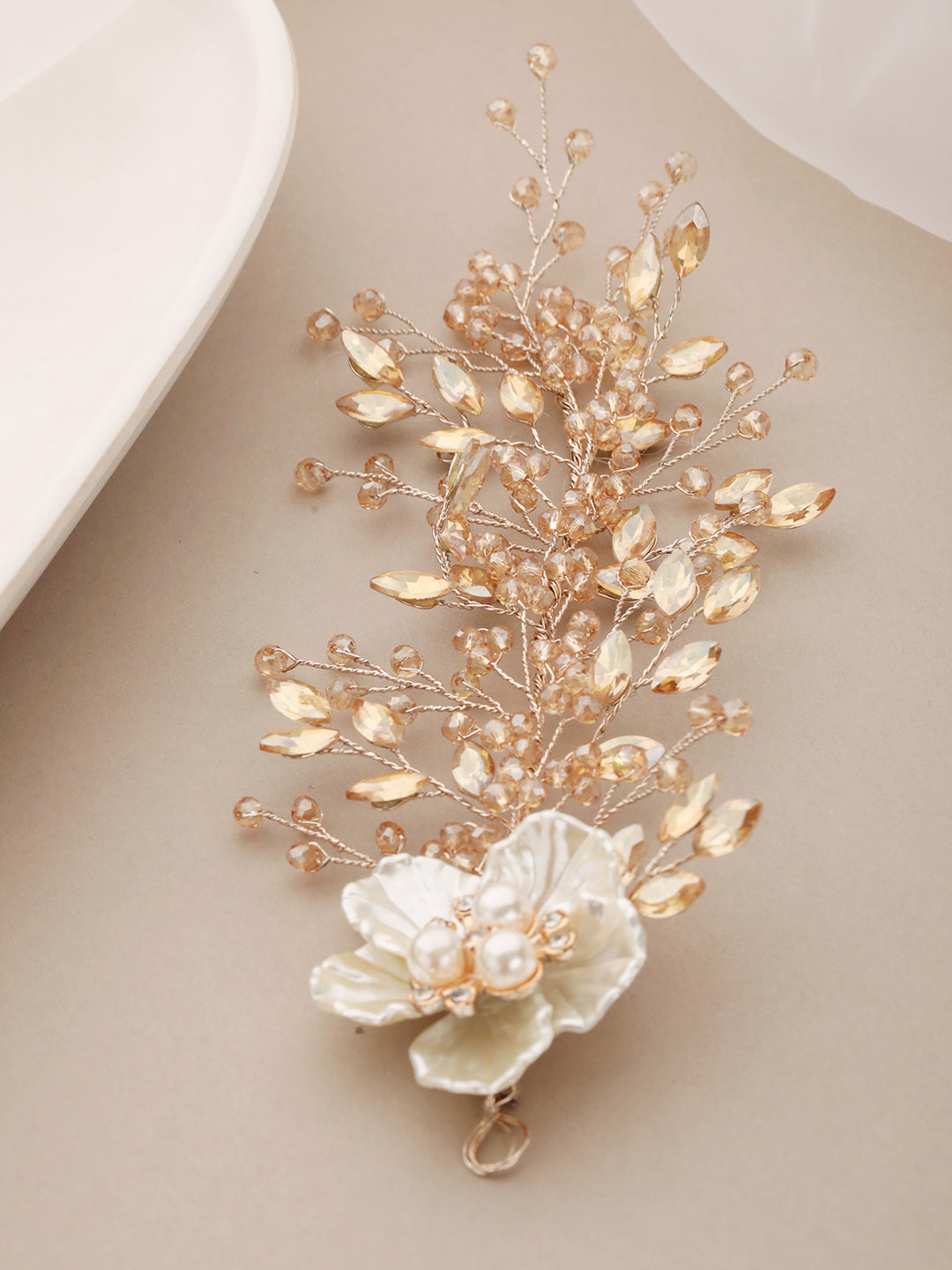 Gold  Toned Coral Pearl Embedded Statement Hair Comb Pin