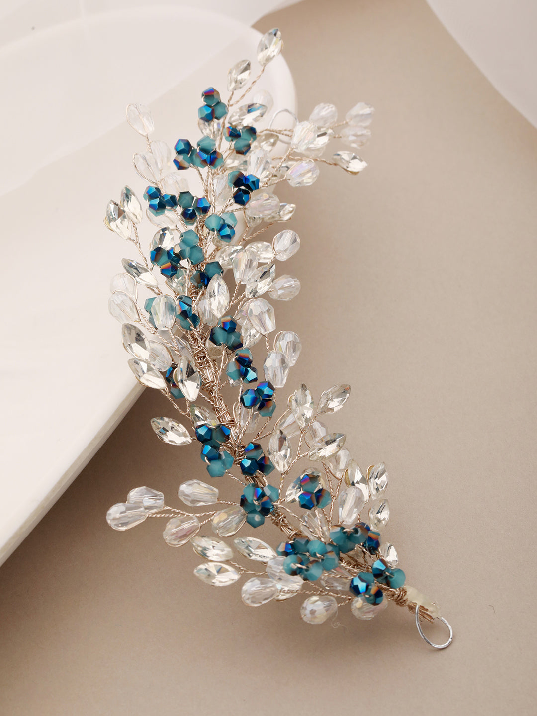 Silver Toned Blue Crystal Beaded Statement Hair Pin