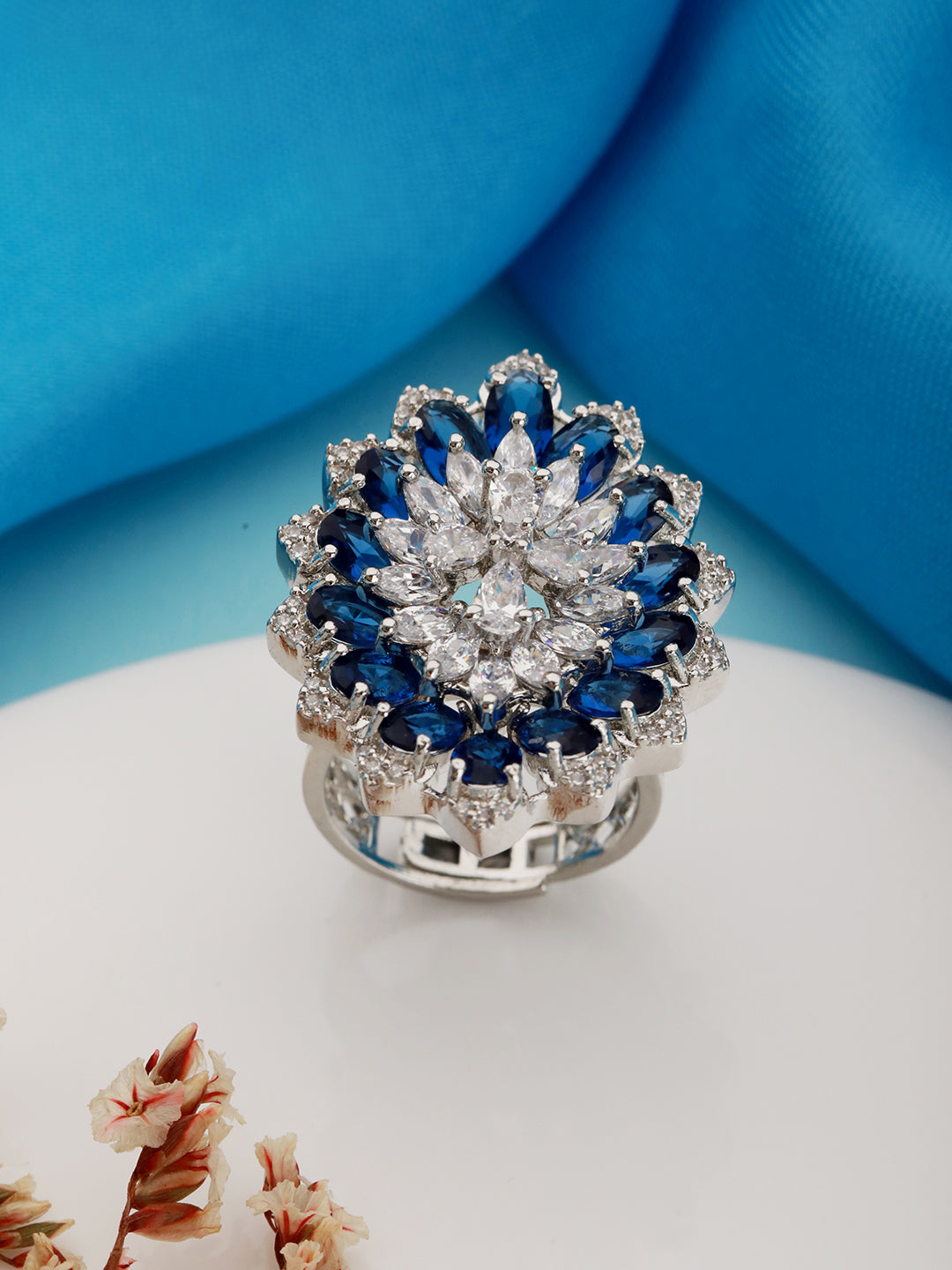 Silver Plated Blue Sapphire Zircon Luxe Floral Finger Ring
