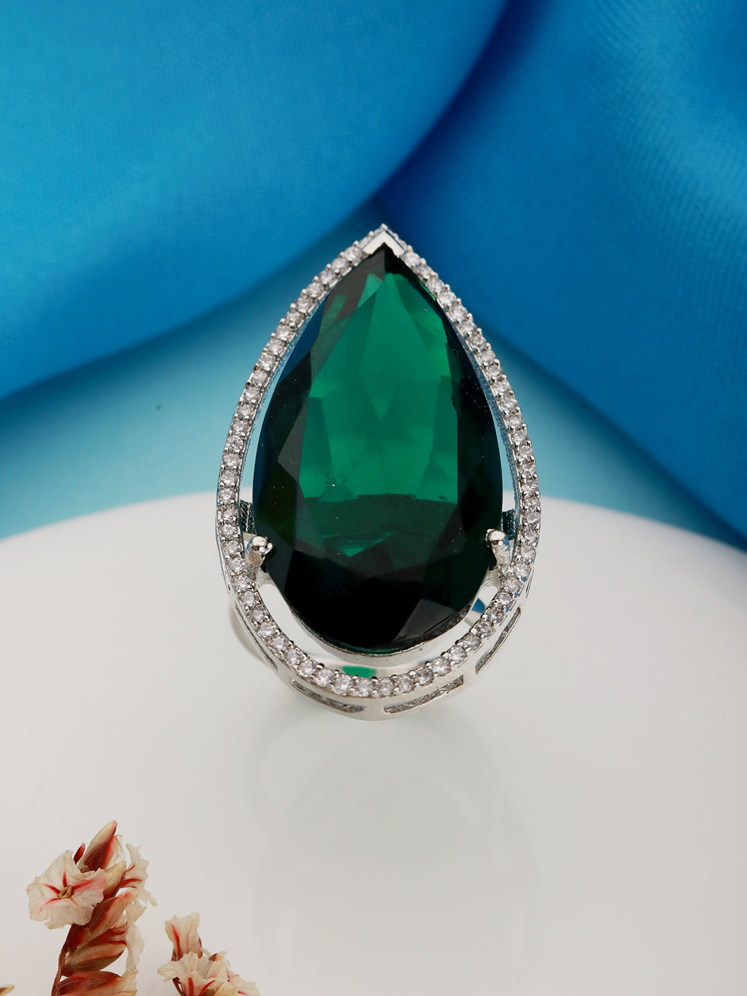 Silver Toned Green Zircon Minimal Finger  Ring