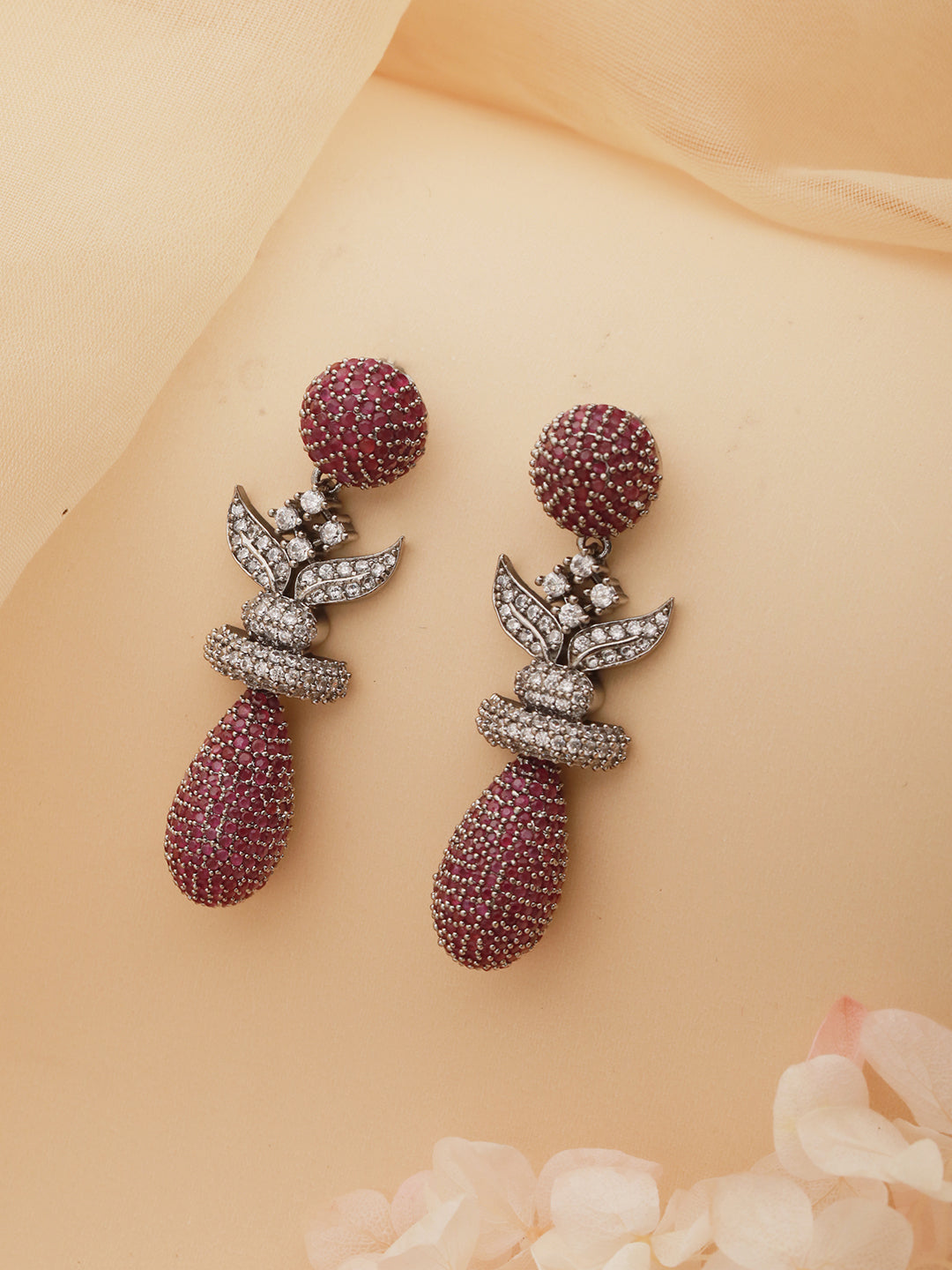 Red Ruby Studded Statement Oval Drop  Earring