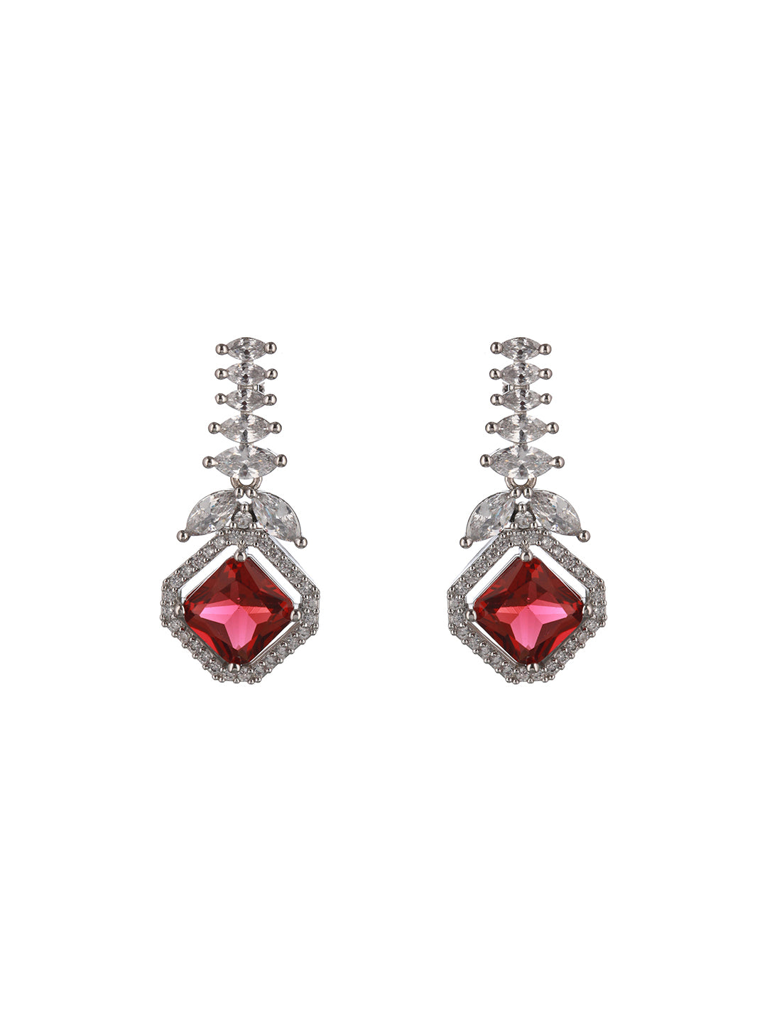 Silver Toned Red CZ Studded Minimal Designer jewellery Set