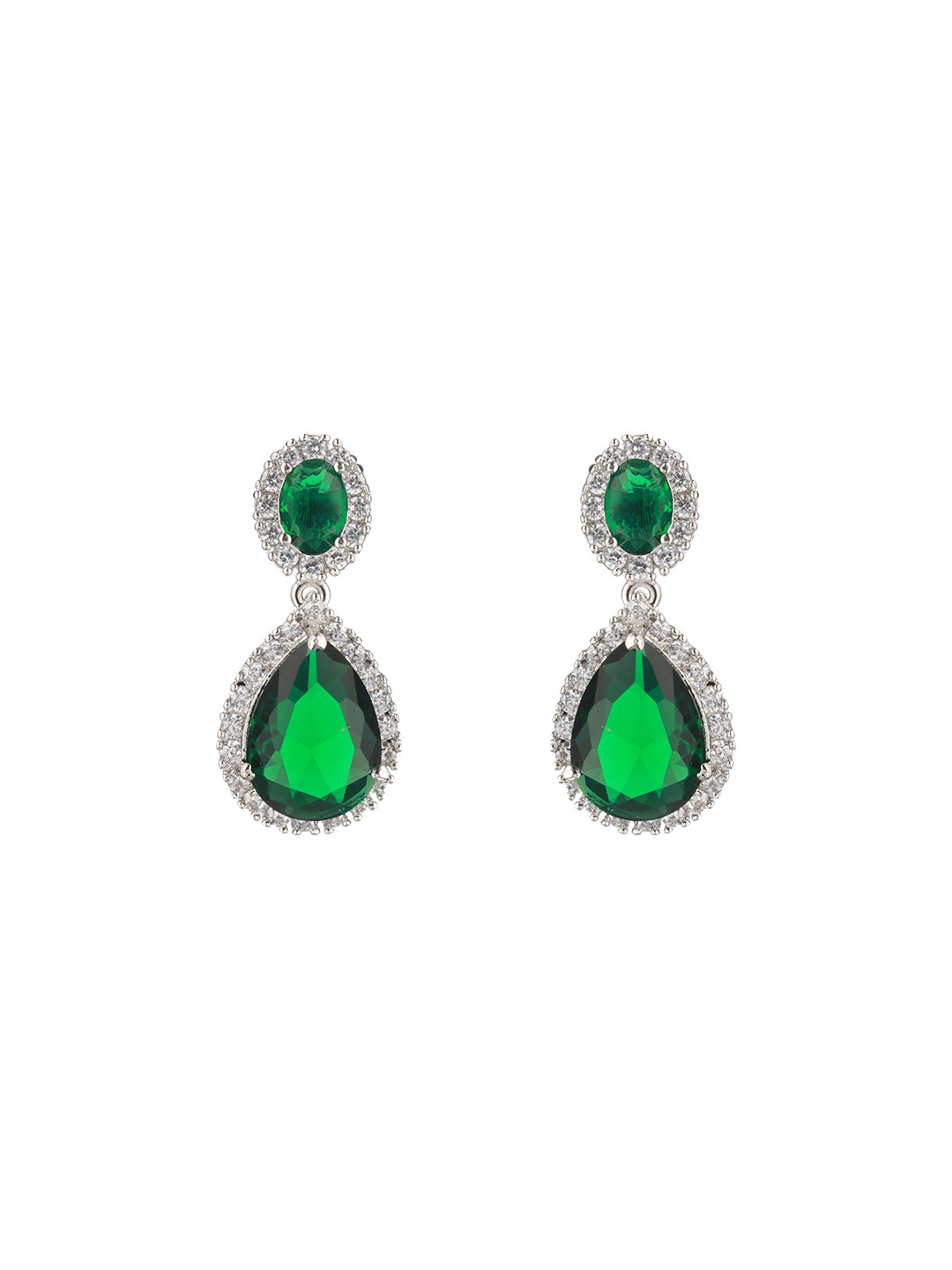 Rhodium Plated green CZ Studded Single Line Minimal Jewellery Set