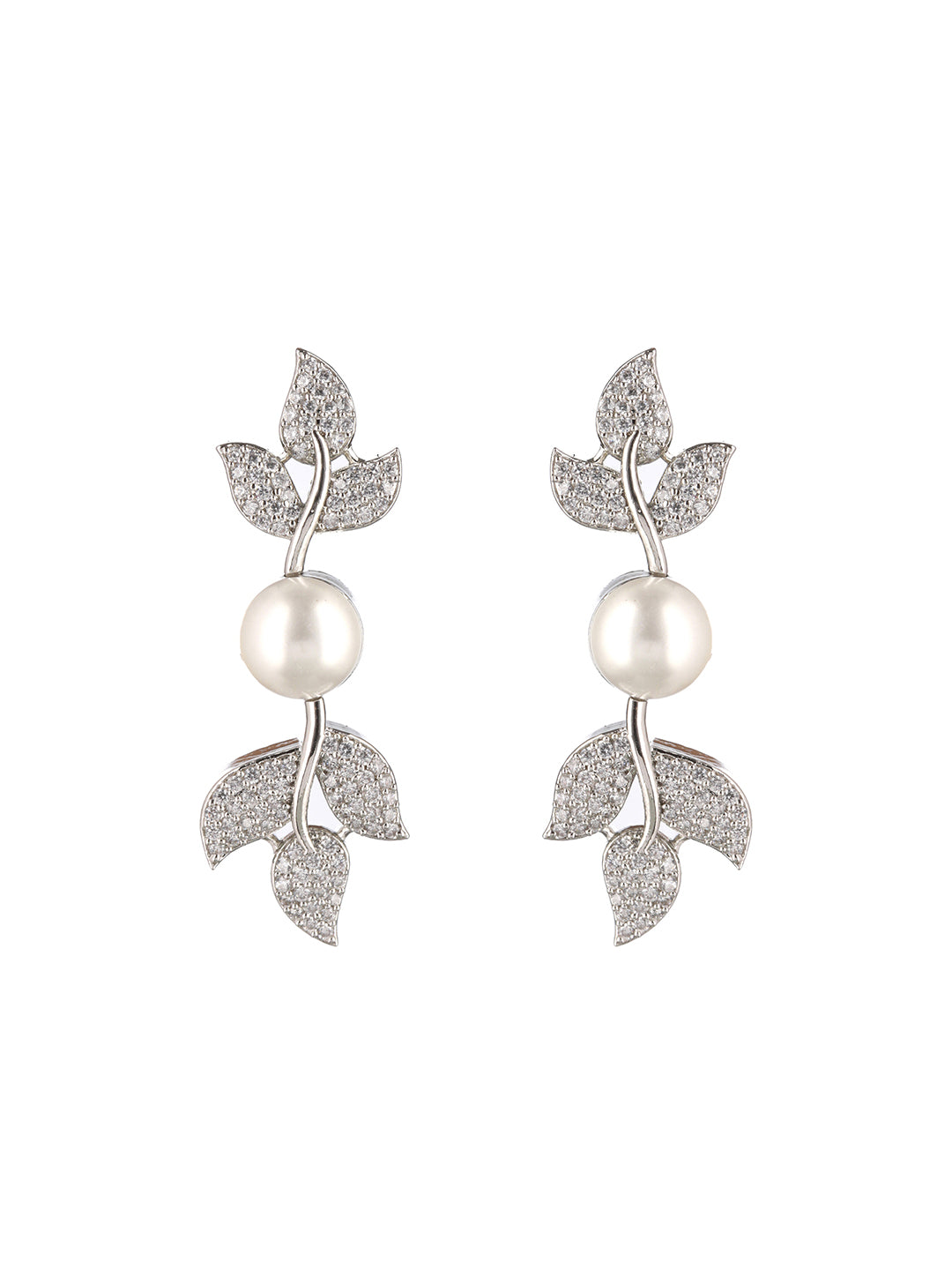 Silver Plated C Z Studded Pearl Floral Statement Jewellery Set