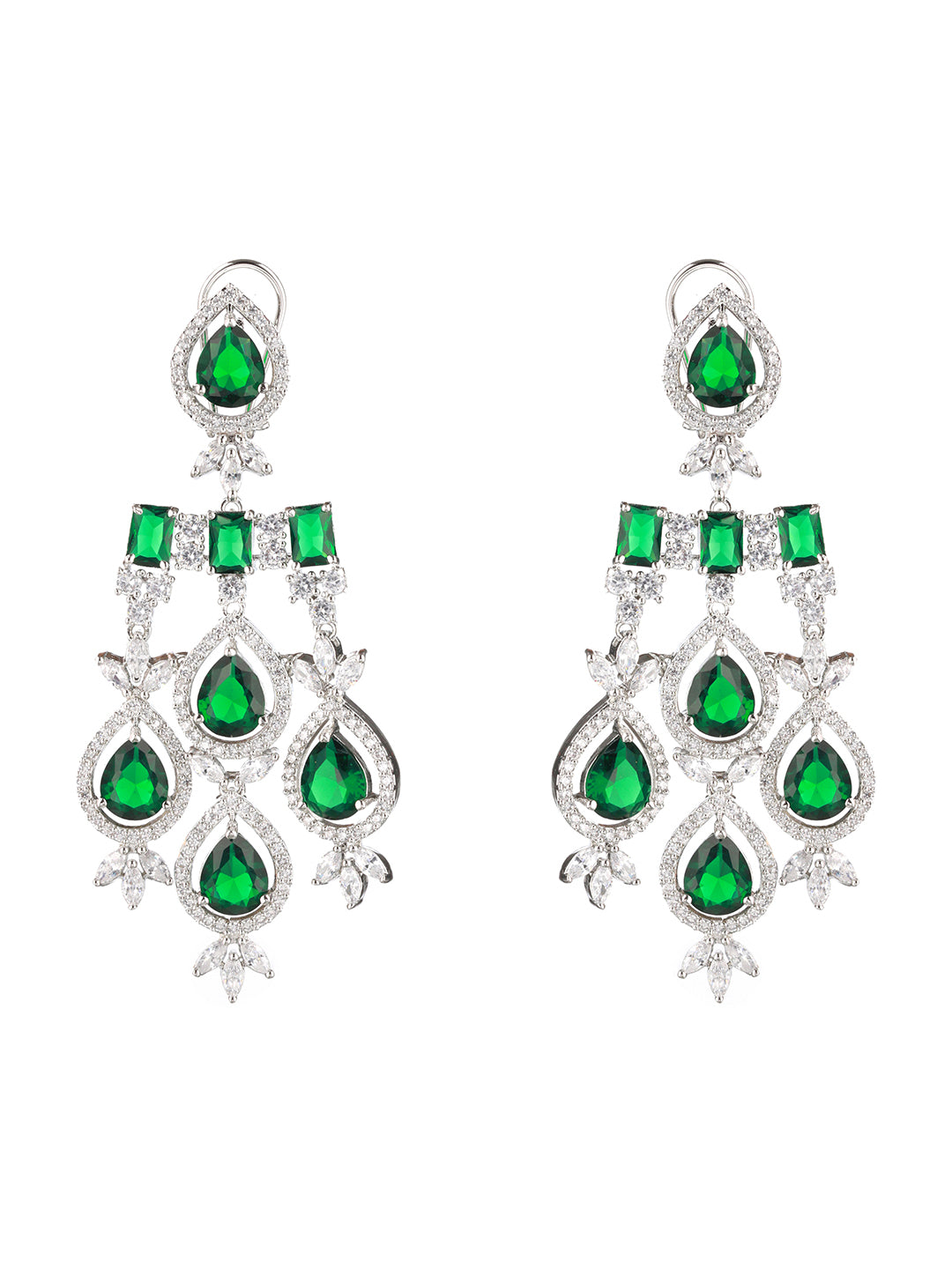 White Rhodium Silver Plated  Green CZ Stone Studded jewellery Set