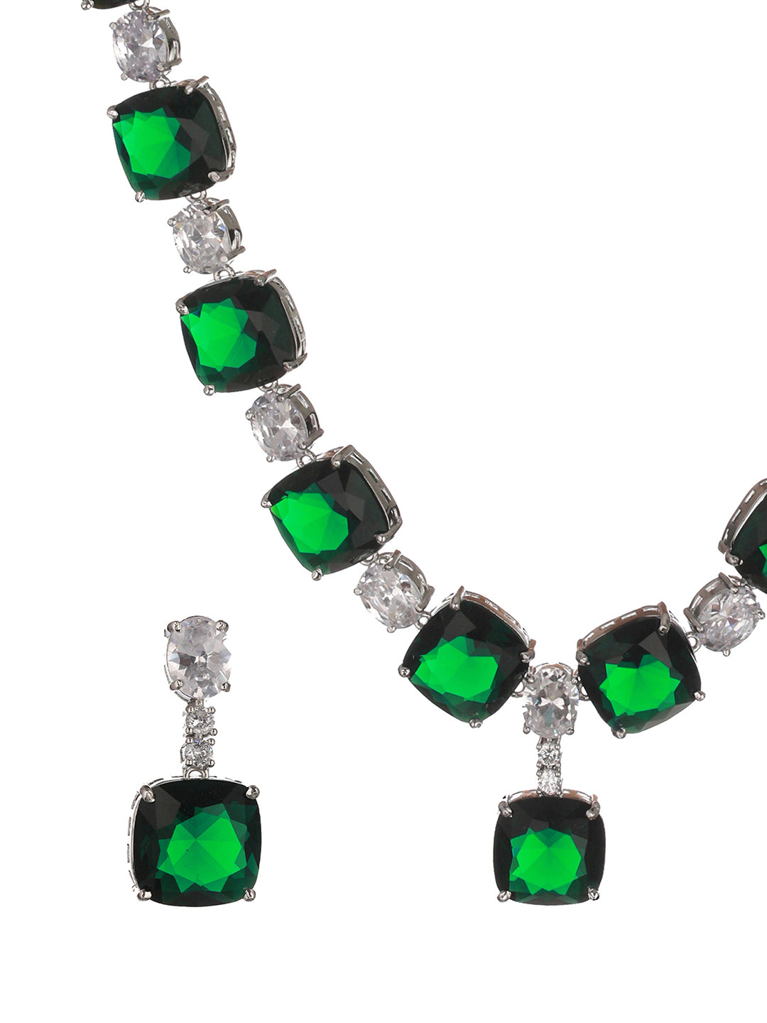 Silver Plated Green CZ Studded Luxe Designer Jewellery Set