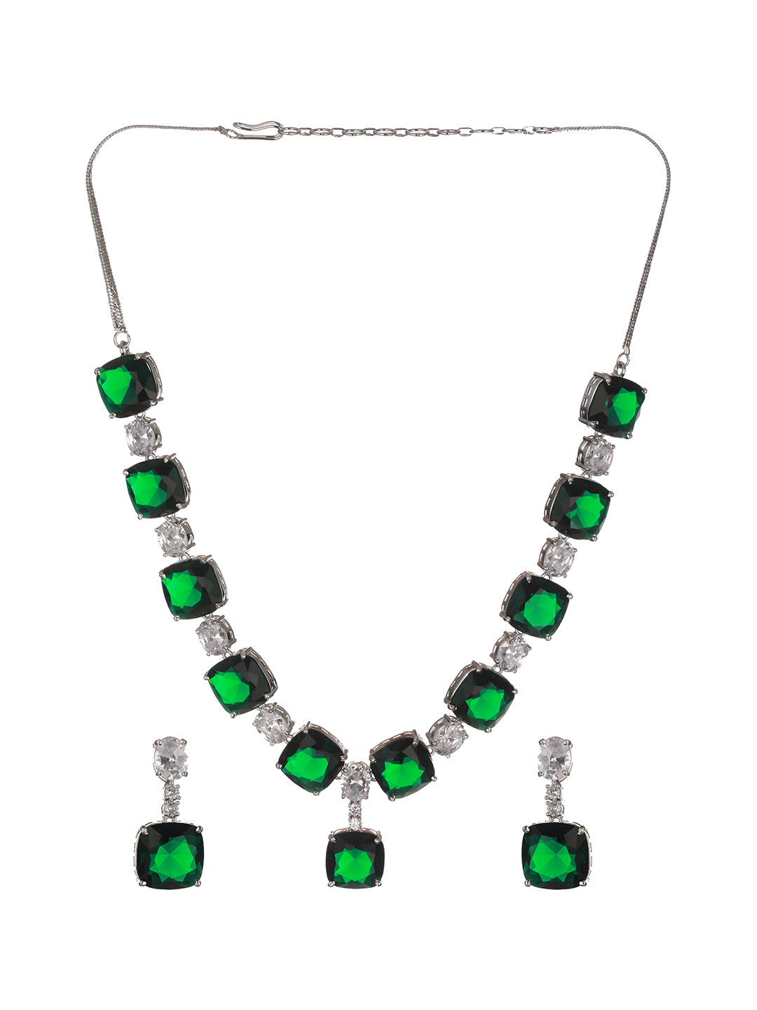 Silver Plated Green CZ Studded Luxe Designer Jewellery Set