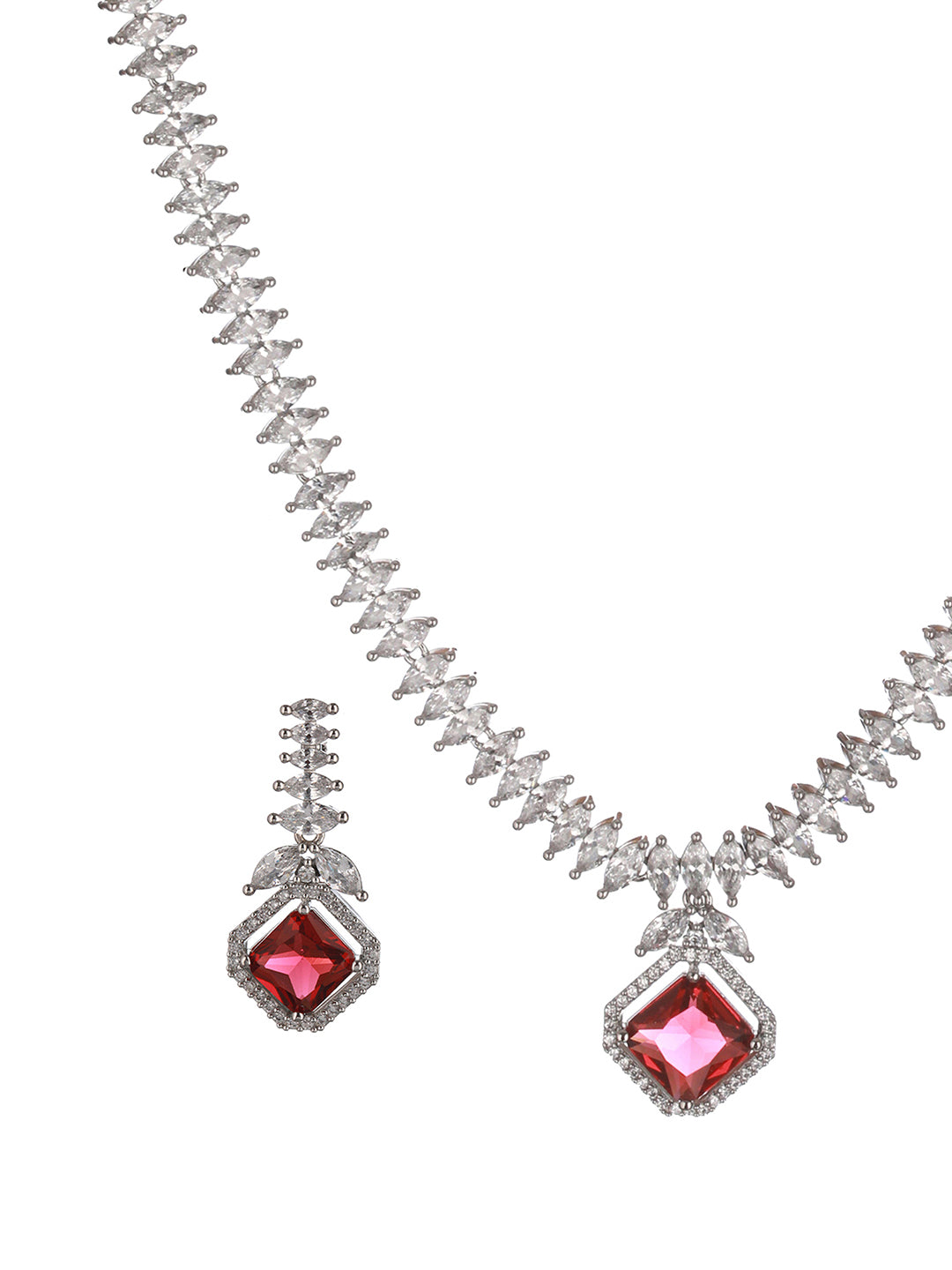 Silver Toned Red CZ Studded Minimal Designer jewellery Set