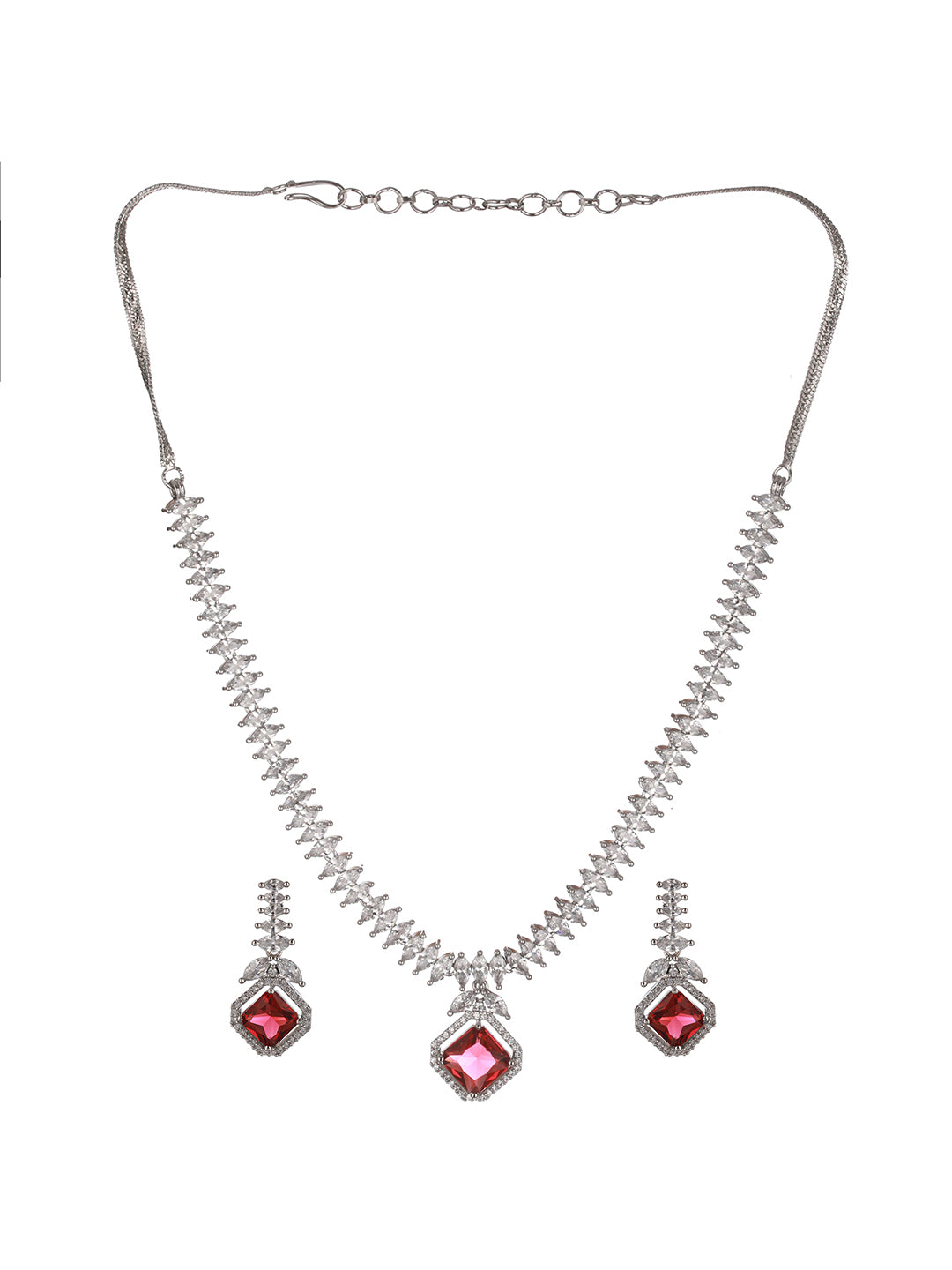 Silver Toned Red CZ Studded Minimal Designer jewellery Set