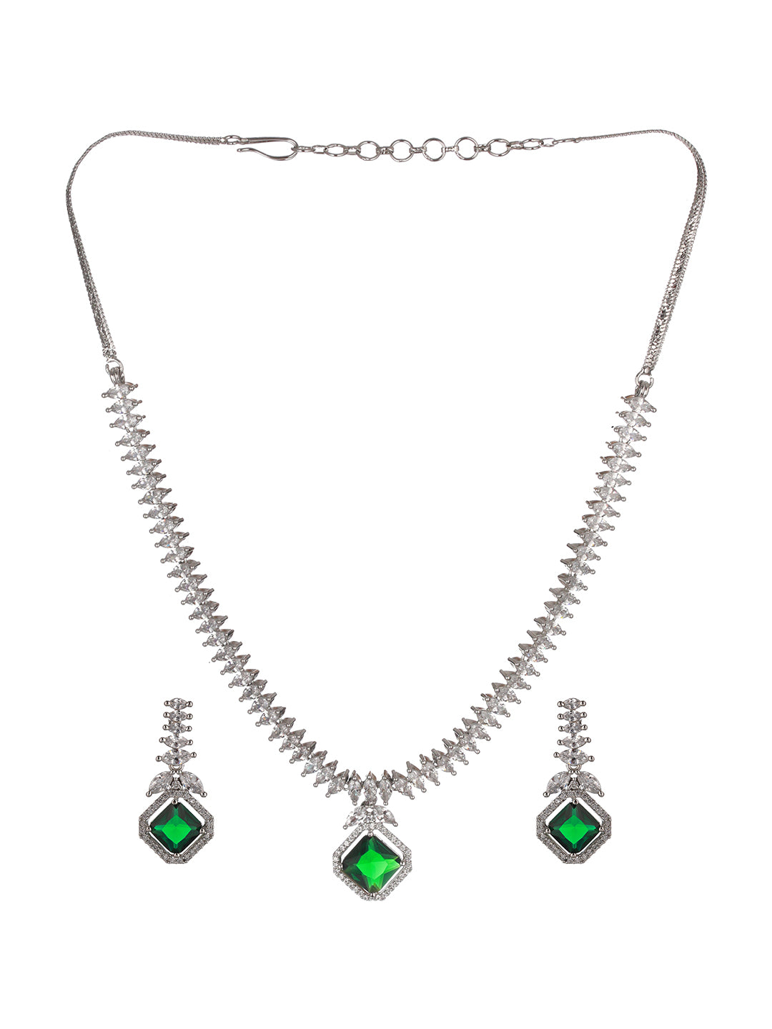 Silver Plated Green CZ Studded Minimal Pendant jewellery Set