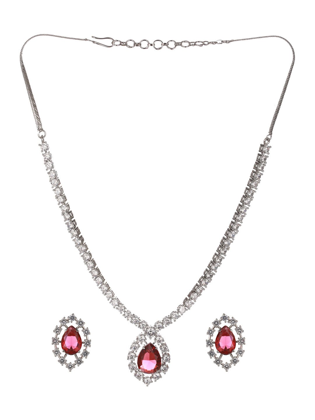 Silver Plated Red CZ Studded Minimal Delicate Jewellery Set
