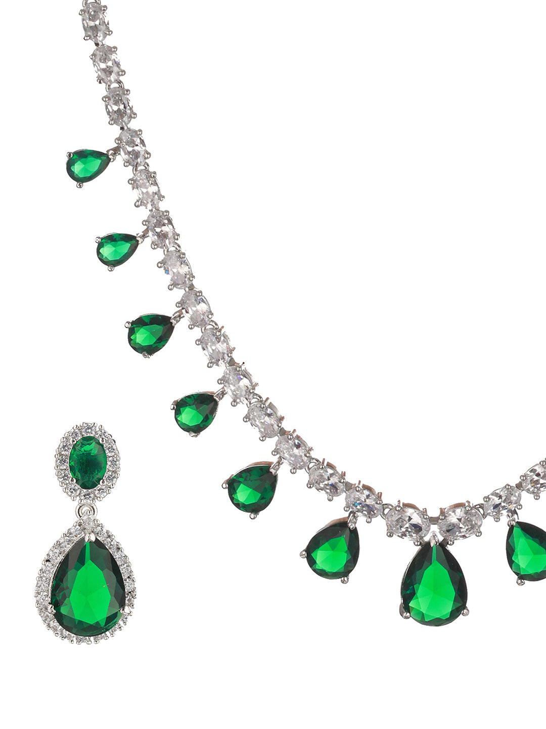 Rhodium Plated green CZ Studded Single Line Minimal Jewellery Set