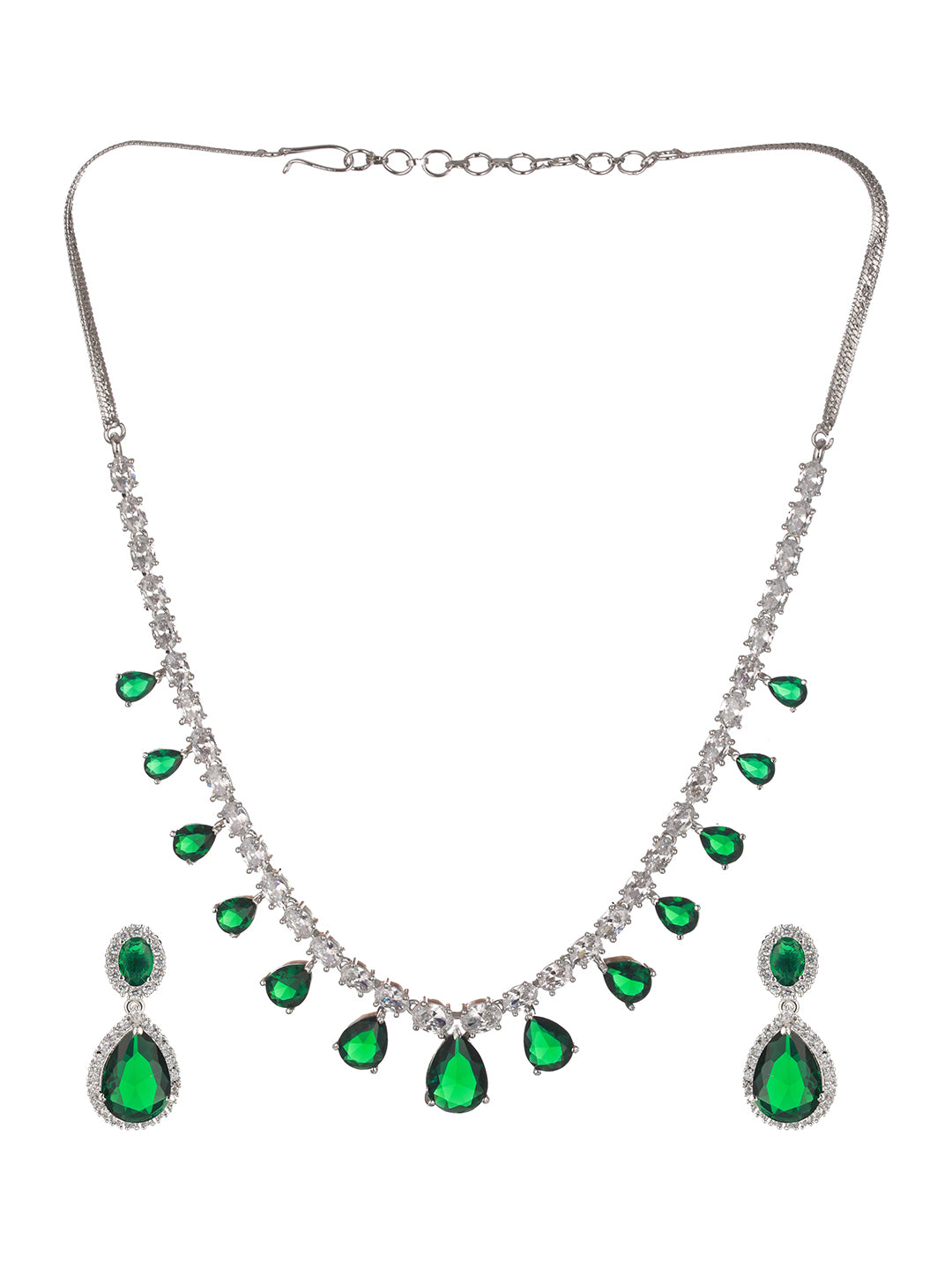 Rhodium Plated green CZ Studded Single Line Minimal Jewellery Set