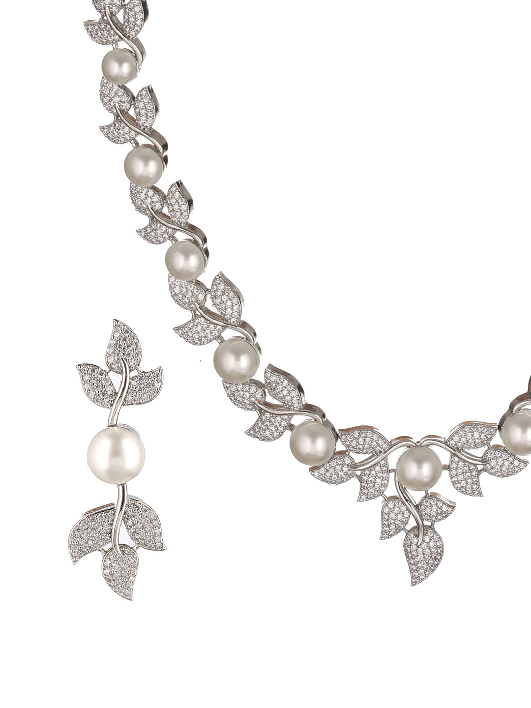 Silver Plated C Z Studded Pearl Floral Statement Jewellery Set