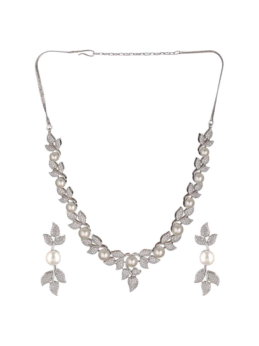 Silver Plated C Z Studded Pearl Floral Statement Jewellery Set