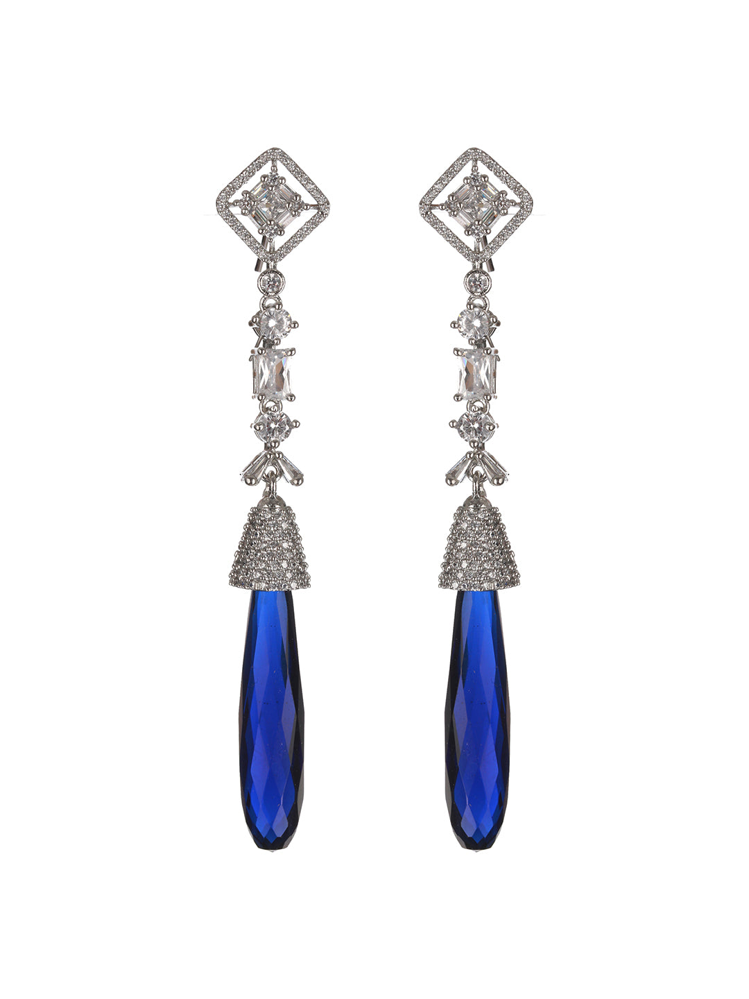 Silver Plated Blue AD Studded Drop statement  Earrings