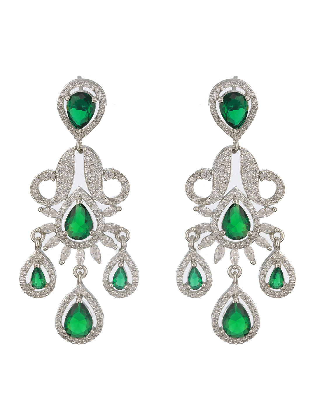 Silver Plated Emerald Green AD Studded Luxe Designer Floral  Pendant Jewellery Set