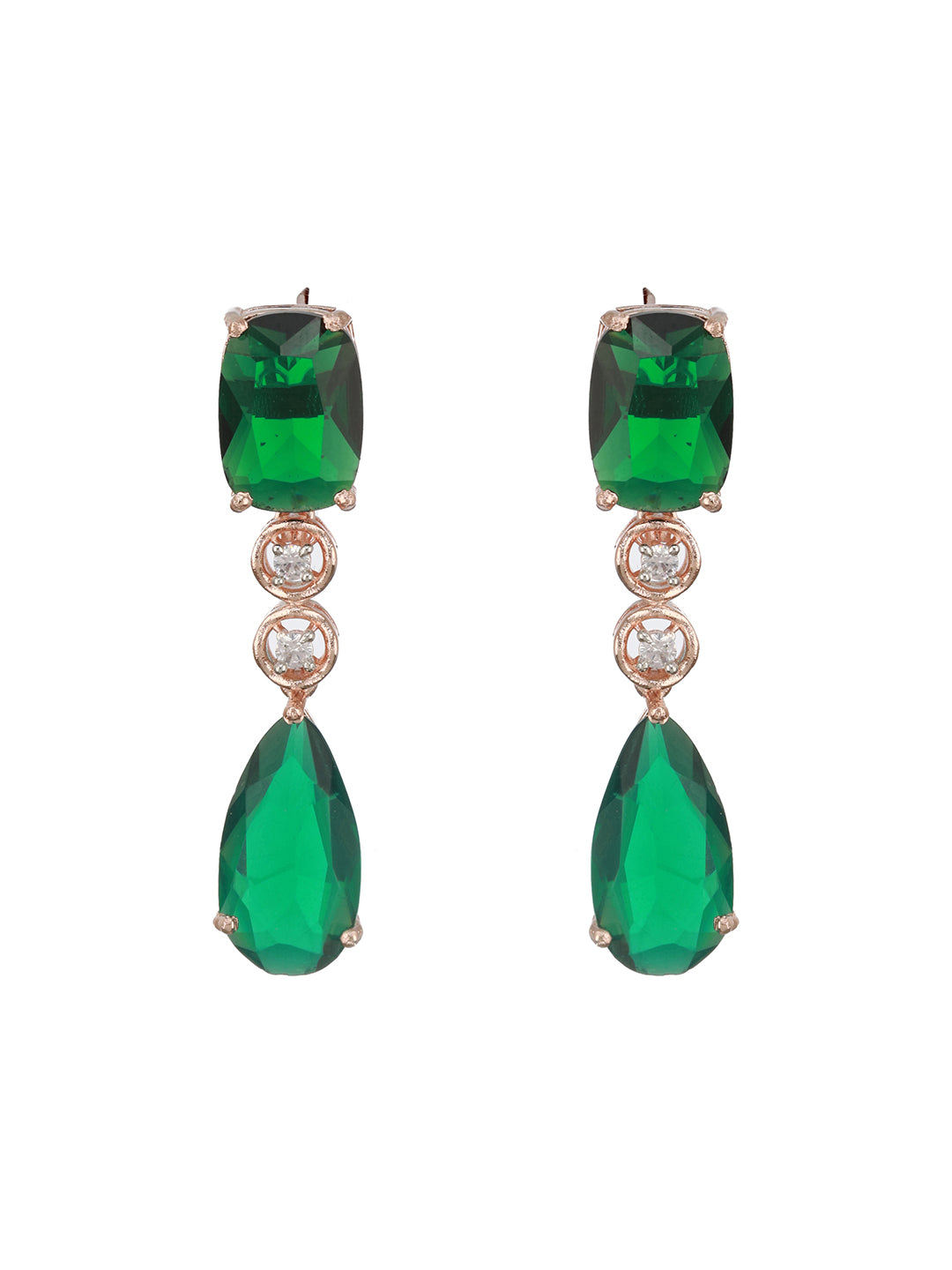 Rose Gold Plated Emerald Green AD Studded 2 Layered Luxe Designer Bridal Partywear Jewellery Set