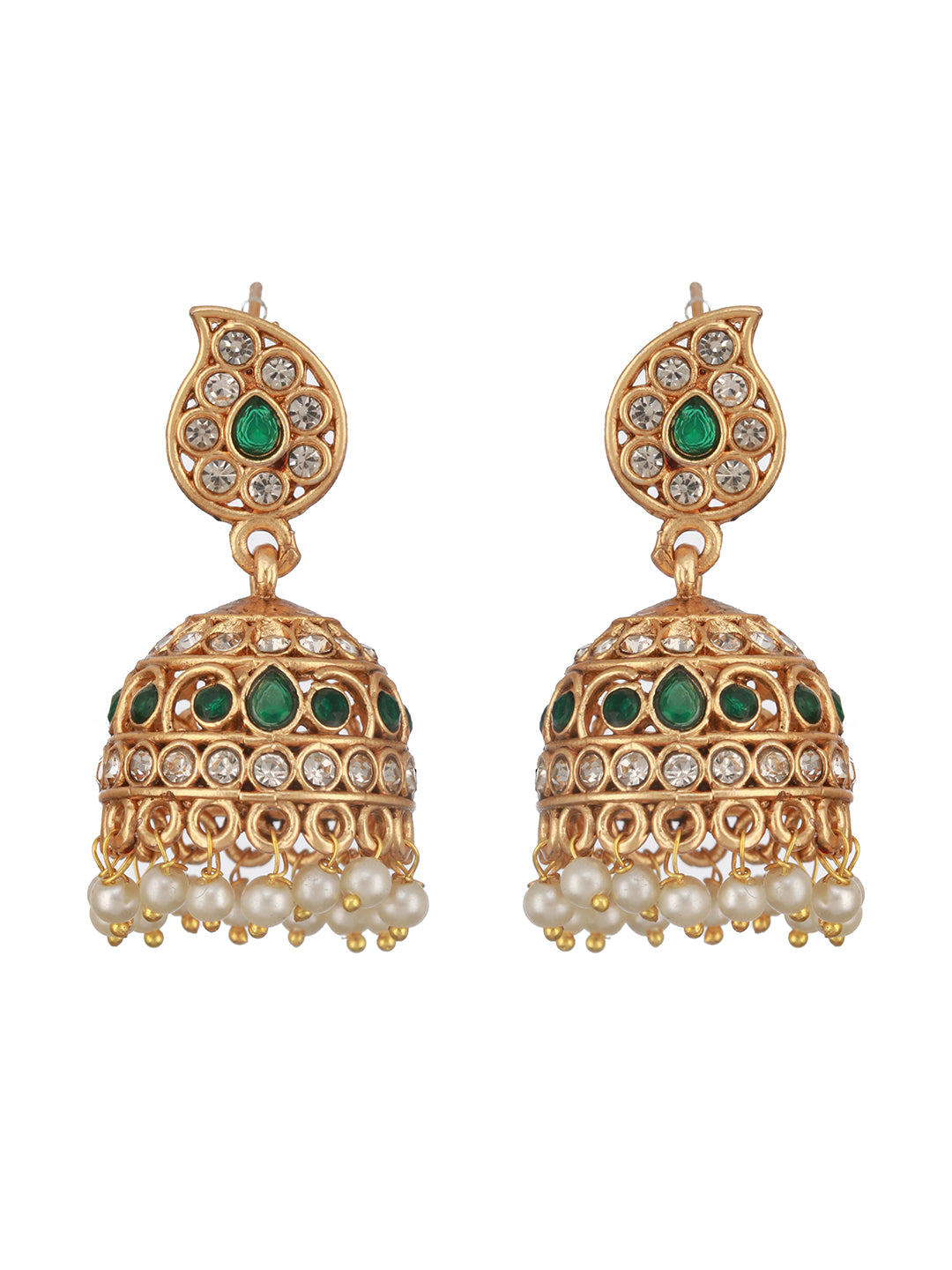 Gold Plated Green  Zircon & Pearl Beaded Floral  Pipe Pendant Jewellery  Set With Jhumka