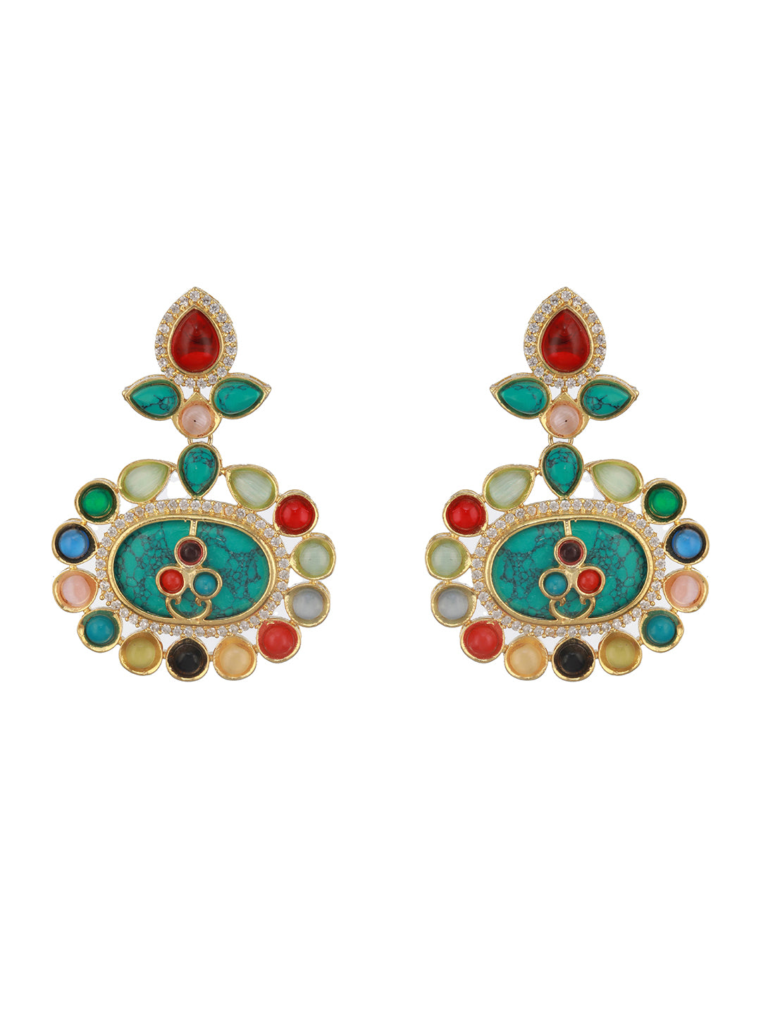 Gold plated Turquoise Blue Nav Ratan Kundan Floral Raanihaar Jewellery  Set