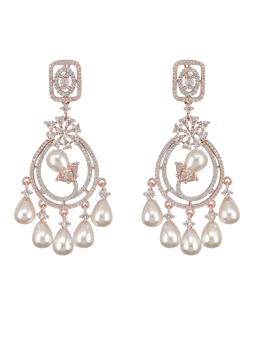 Rose Gold Platedd Zircon Studded Pearl Beaded Luxe Contemporary Chandbali Earrings