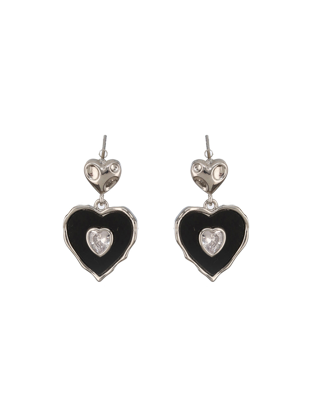 Anti-Tarnish Silver Plated Black Enamelled Heart Shaped Minimal  Drop Down Studs Earrings