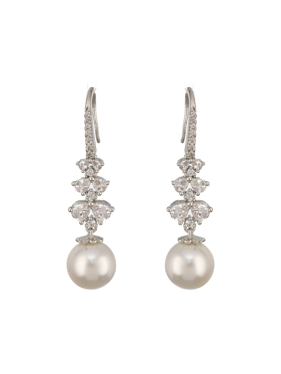 Silver Plated AD Studded Delicate Pearl Hook  Earrings