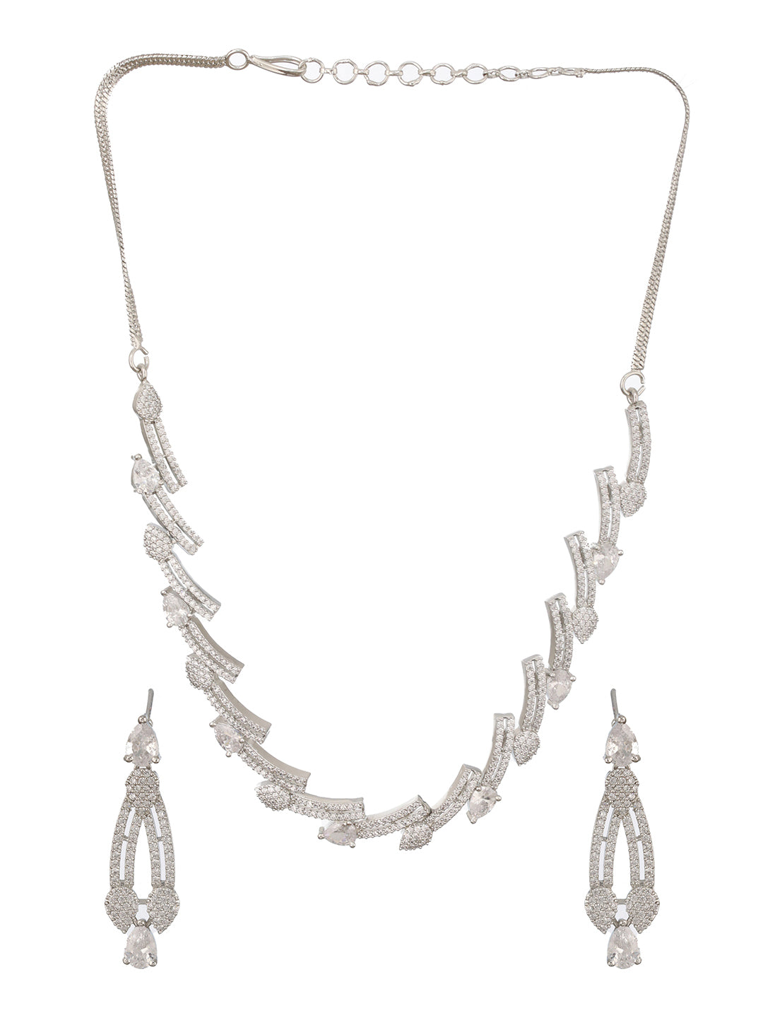 Silver Toned Zircon Studded Leaf Shaped Delicate Designer  Necklace jewellerySet