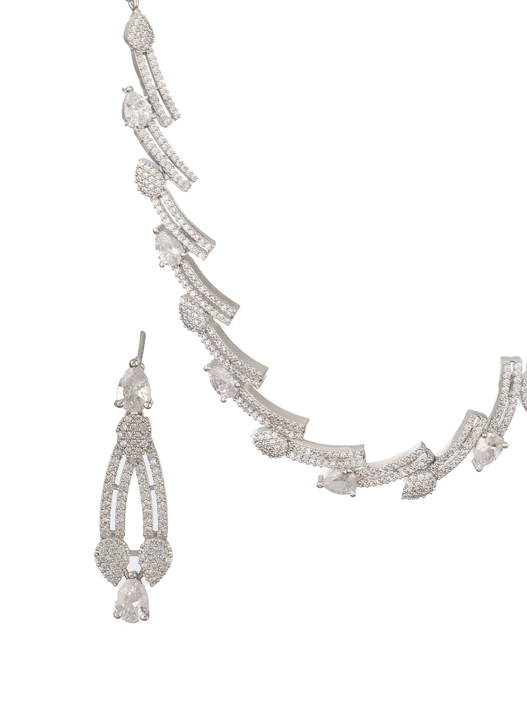 Silver Toned Zircon Studded Leaf Shaped Delicate Designer  Necklace jewellerySet