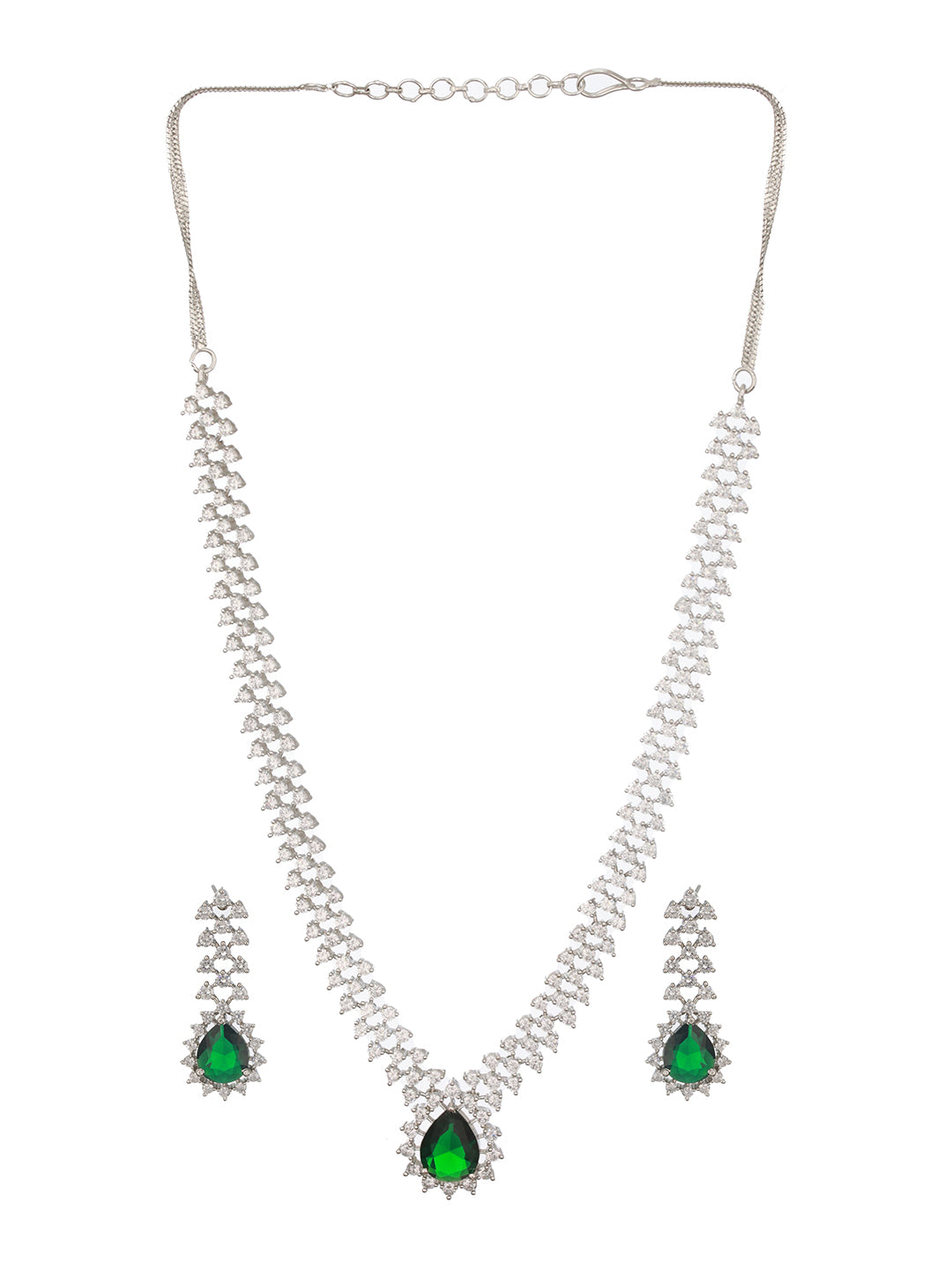 Silver Plated Emerald Green Zircon AD Studded Delicate Partywear Necklace Jewellery Set