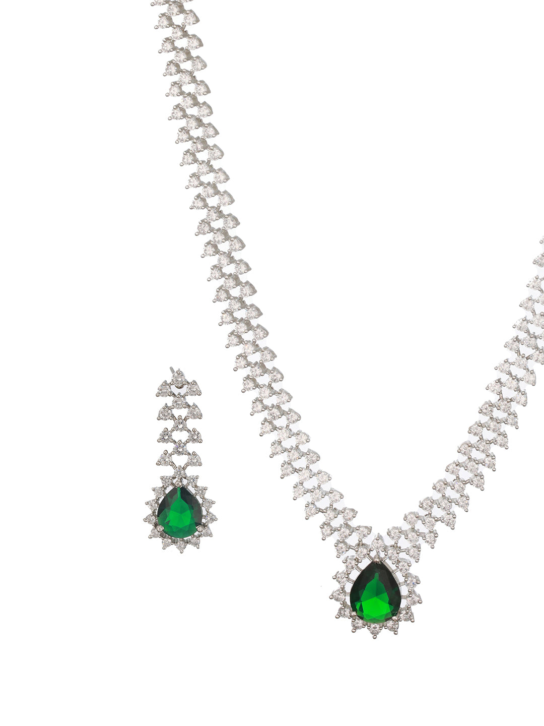 Silver Plated Emerald Green Zircon AD Studded Delicate Partywear Necklace Jewellery Set