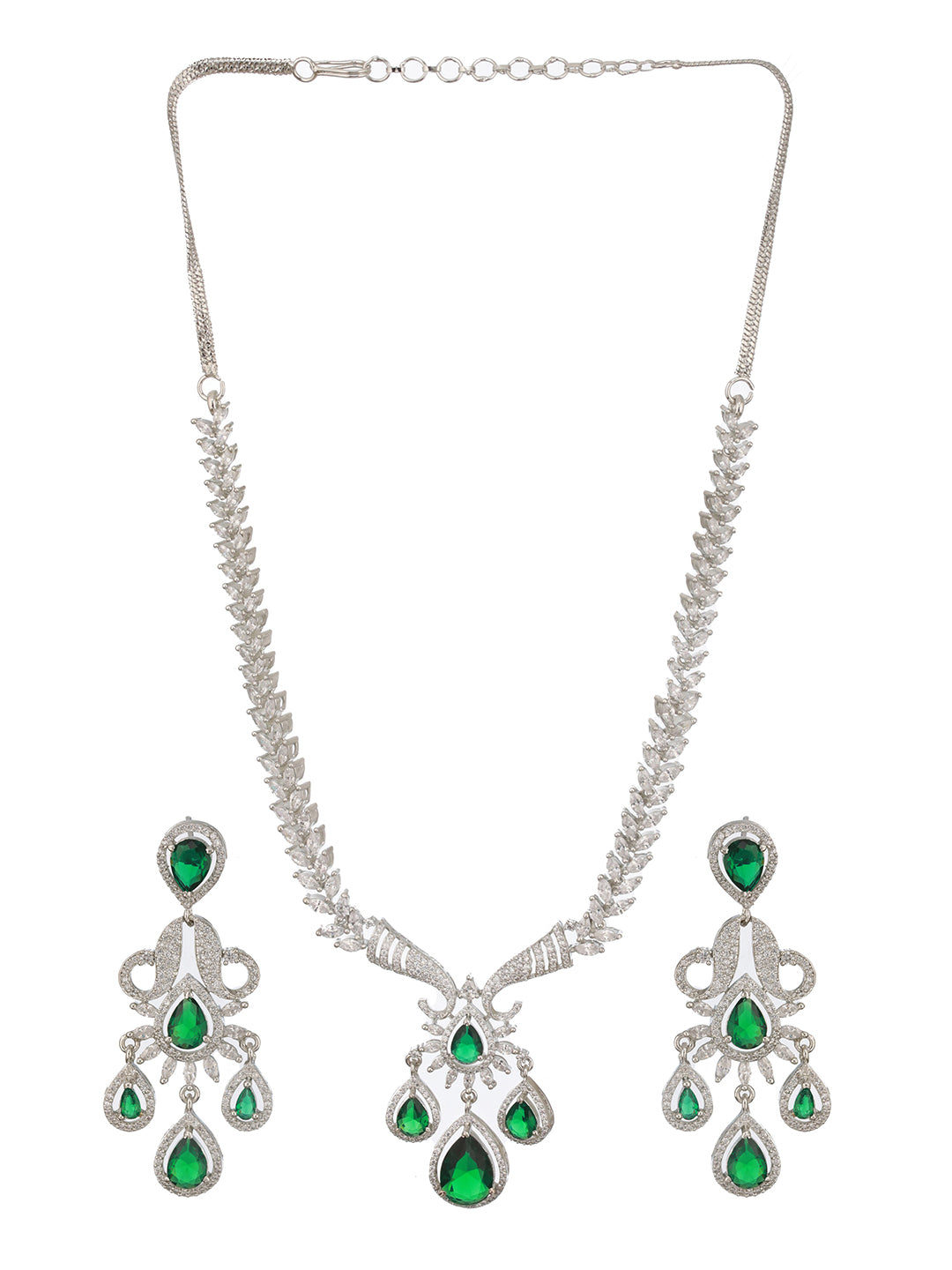 Silver Plated Emerald Green AD Studded Luxe Designer Floral  Pendant Jewellery Set