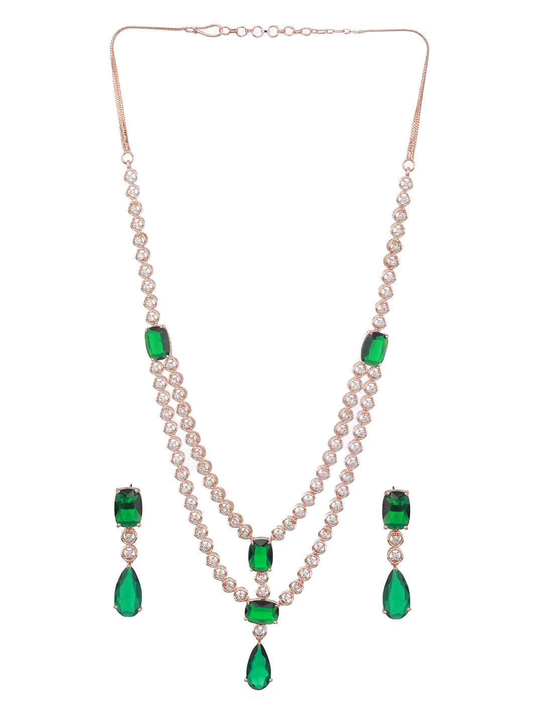 Rose Gold Plated Emerald Green AD Studded 2 Layered Luxe Designer Bridal Partywear Jewellery Set