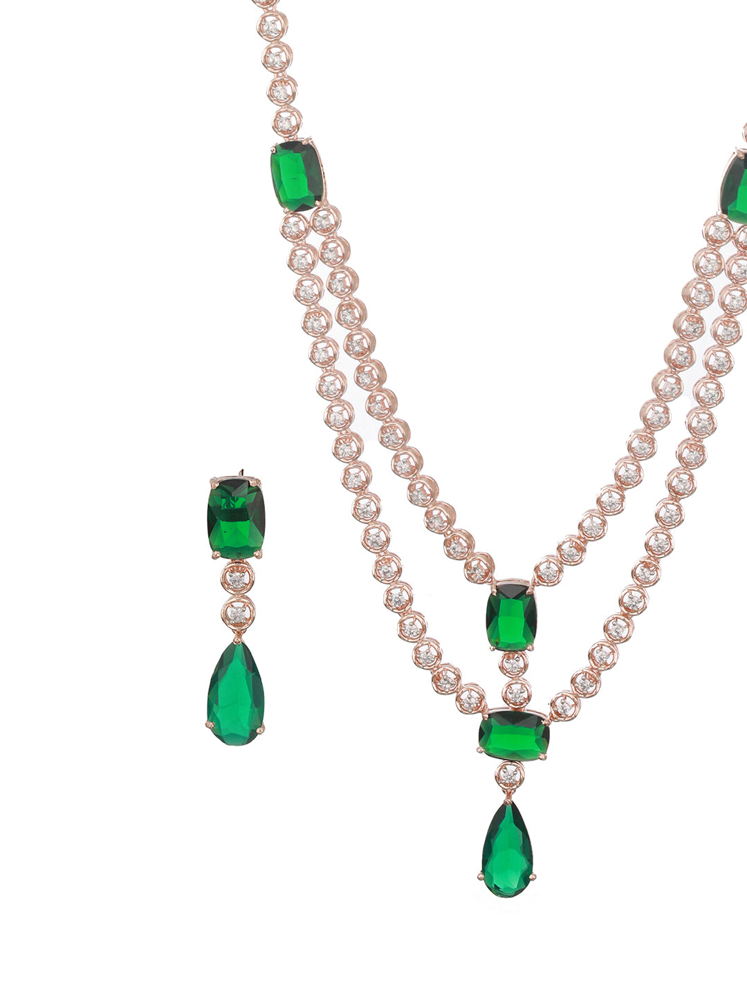Rose Gold Plated Emerald Green AD Studded 2 Layered Luxe Designer Bridal Partywear Jewellery Set