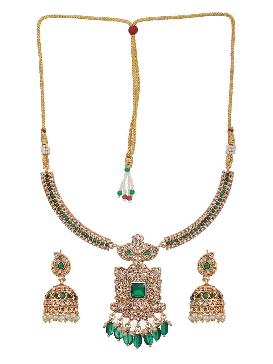 Gold Plated Green  Zircon & Pearl Beaded Floral  Pipe Pendant Jewellery  Set With Jhumka