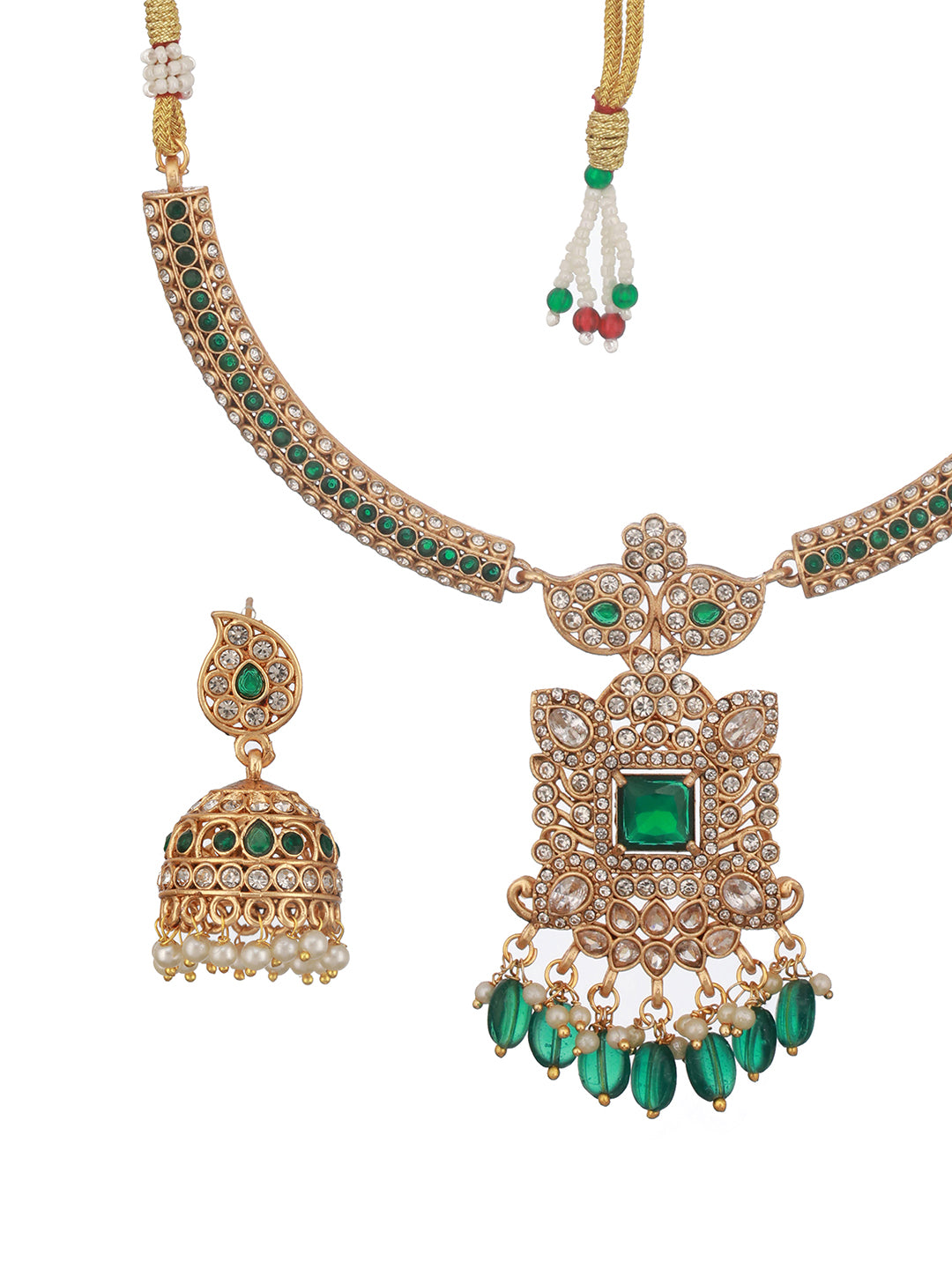Gold Plated Green  Zircon & Pearl Beaded Floral  Pipe Pendant Jewellery  Set With Jhumka