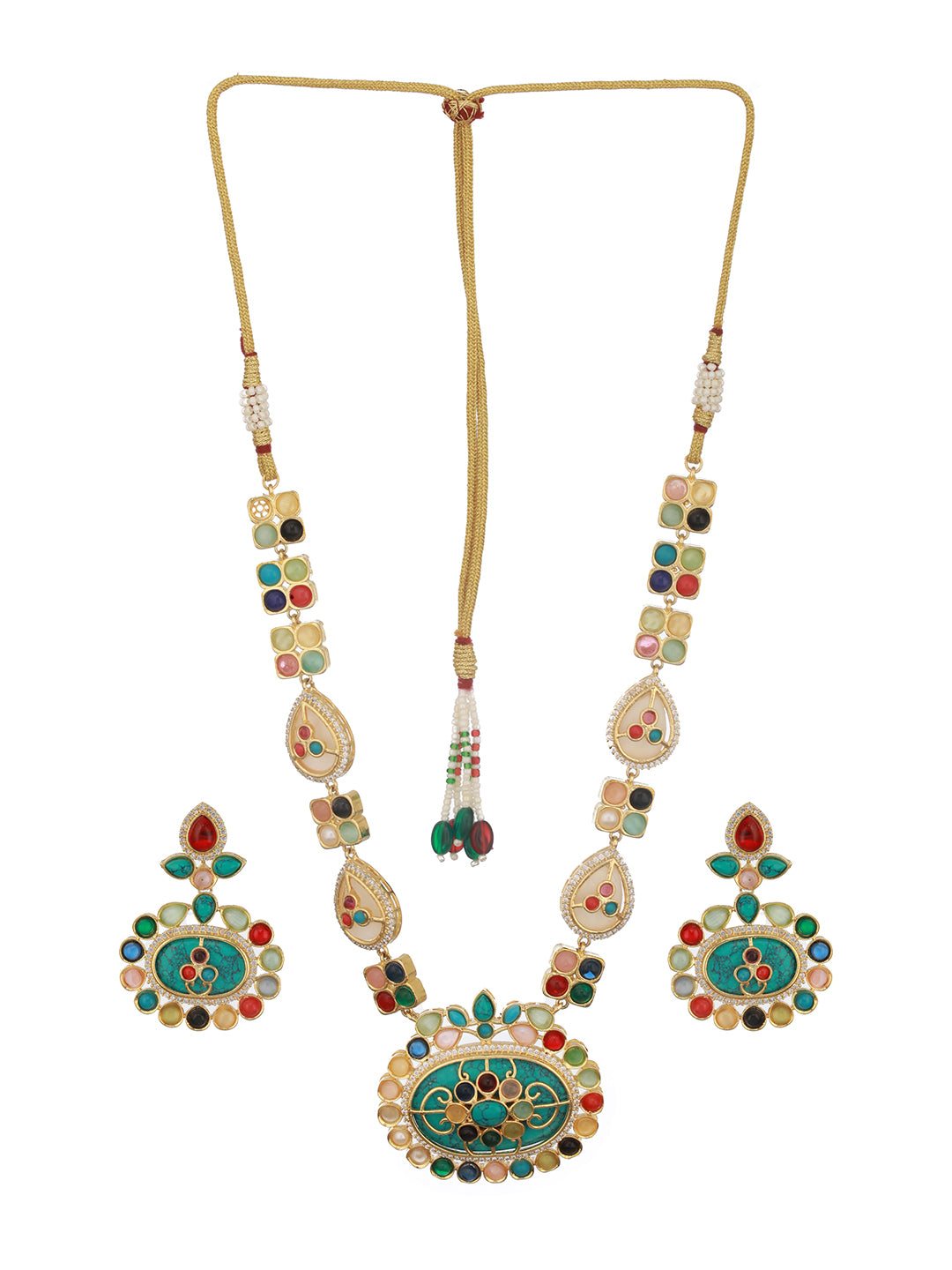 Gold plated Turquoise Blue Nav Ratan Kundan Floral Raanihaar Jewellery  Set