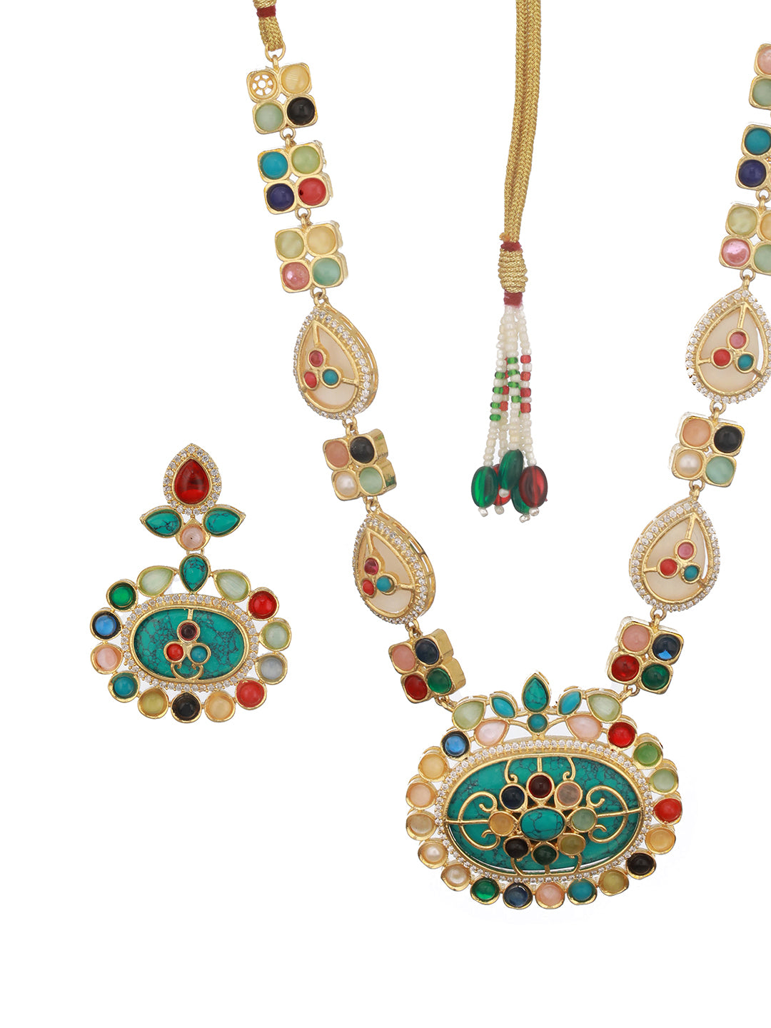 Gold plated Multicoloured Stones Studded Floral Double Layered Necklace Jewellery  Set