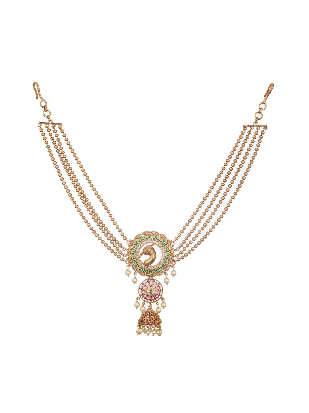 Gold Plated Kemp Studded Pearl Beaded Peacock Motif Bridal 3 layered chain Jadai billai Hair broach