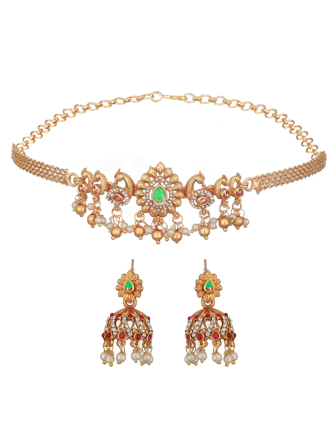 Gold Plated Green Kempo Studded Peacock Minimal Delicate Choker Jewellery Set