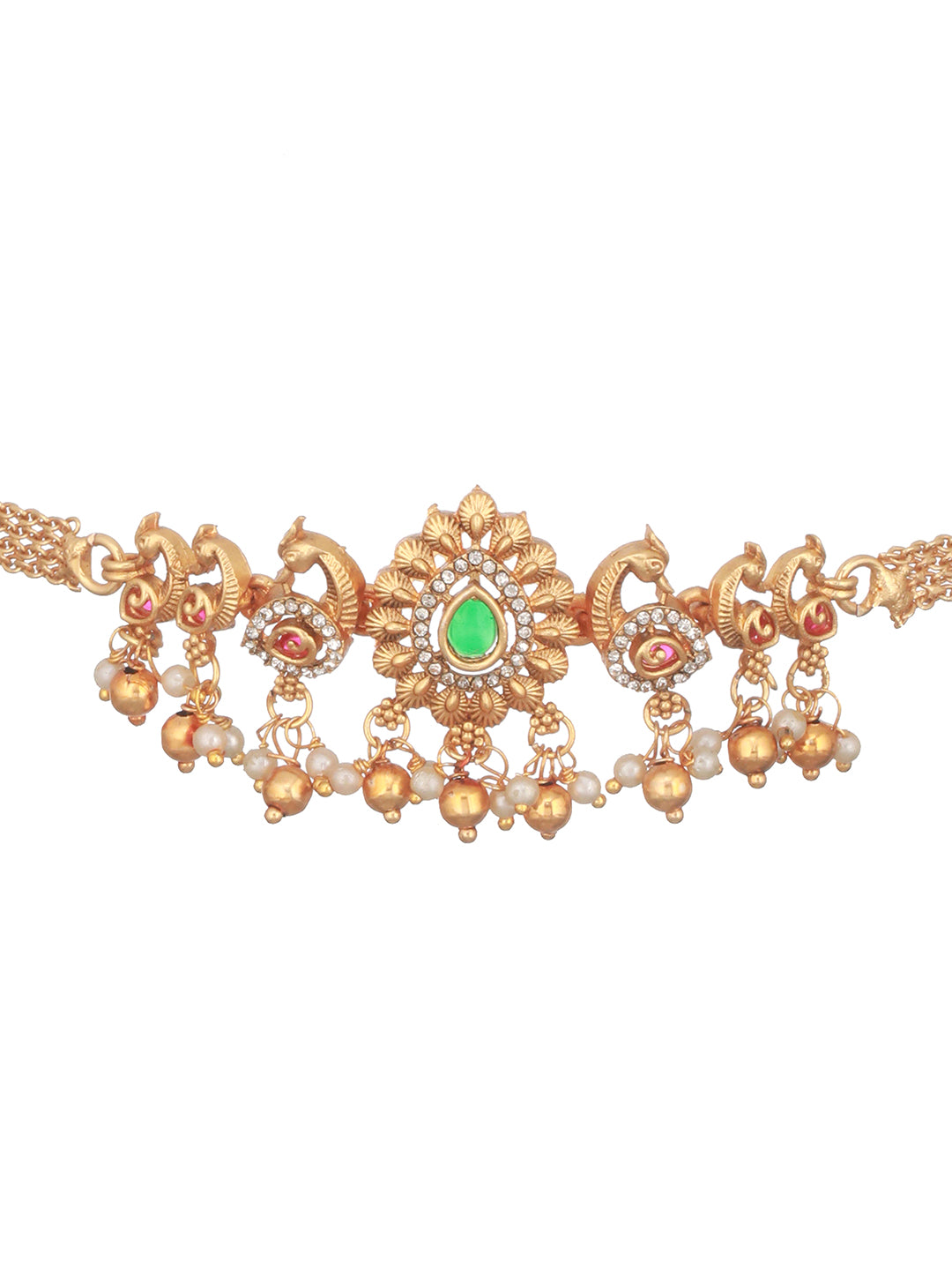Gold Plated Green Kempo Studded Peacock Minimal Delicate Choker Jewellery Set