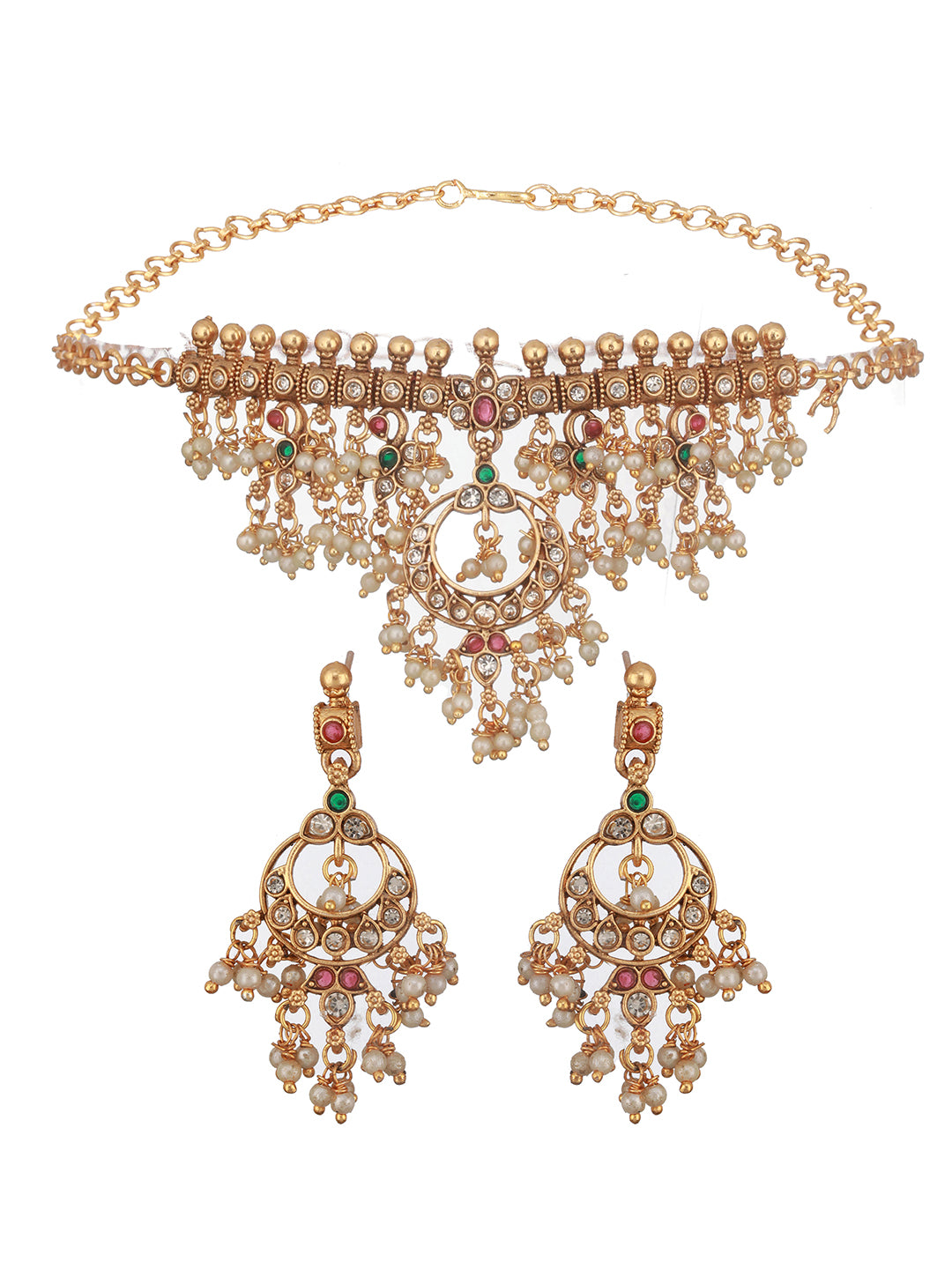 Gold Plated Kemp Stones Pearl beaded Chandbali Pendant Style Choker Jewellery  Set