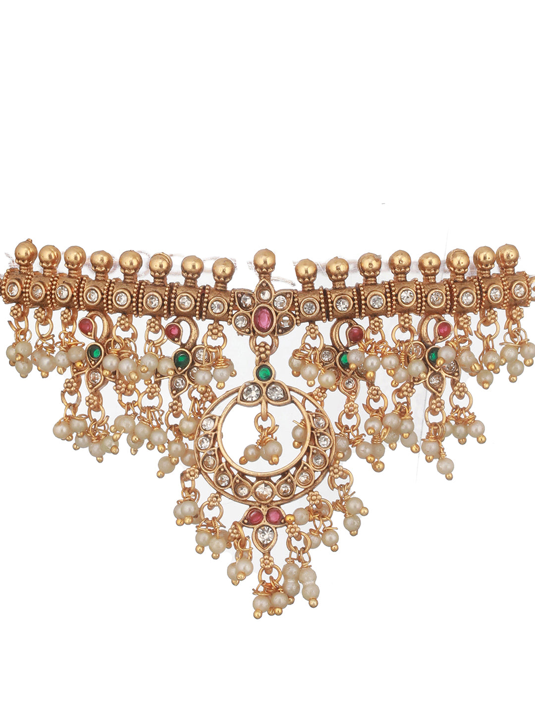 Gold Plated Kemp Stones Pearl beaded Chandbali Pendant Style Choker Jewellery  Set