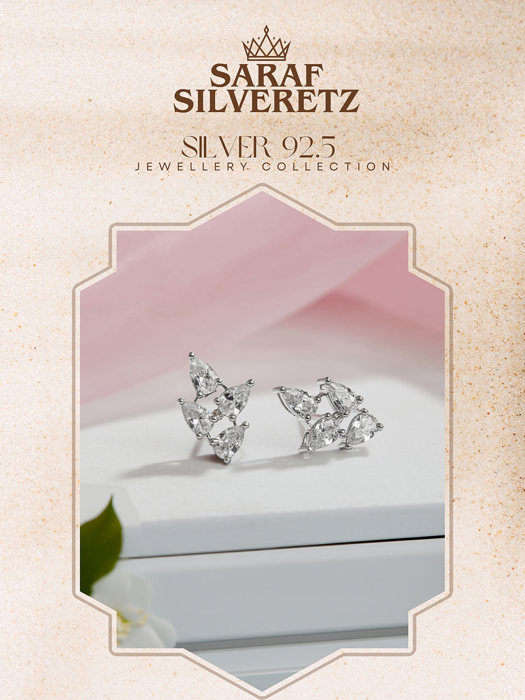 925 Sterling Silver AD Studded Rhodium Plated  Leafy Studds Earrings