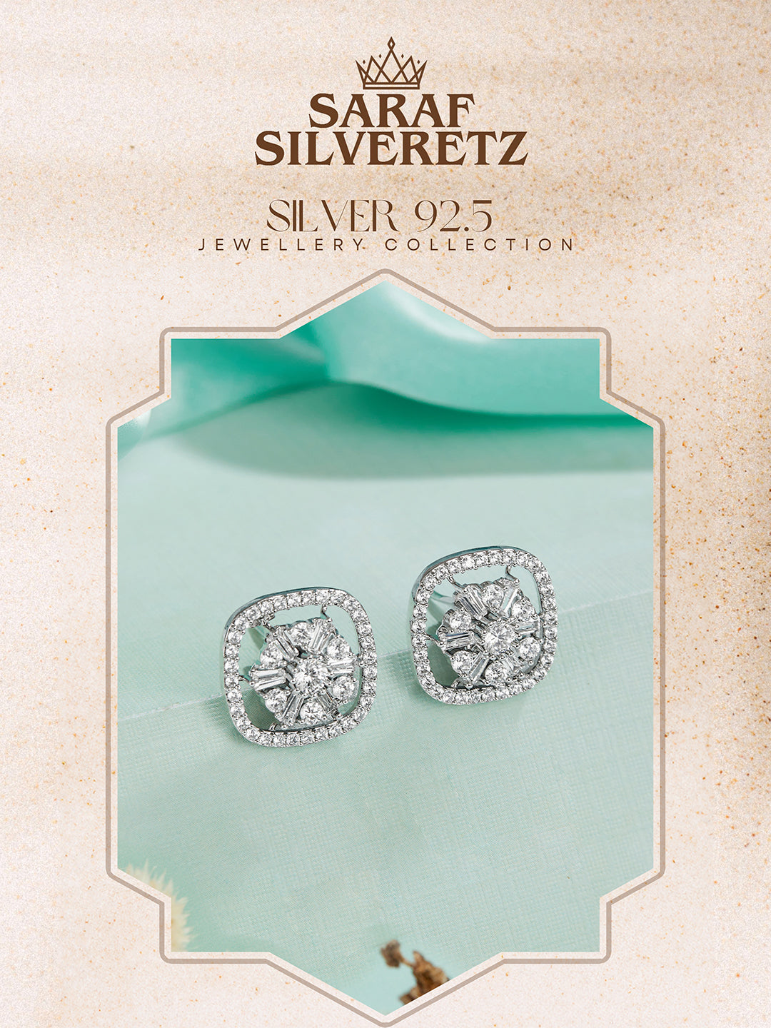 925 Sterling Silver Rhodium Plated Halo Square Studds Earrings