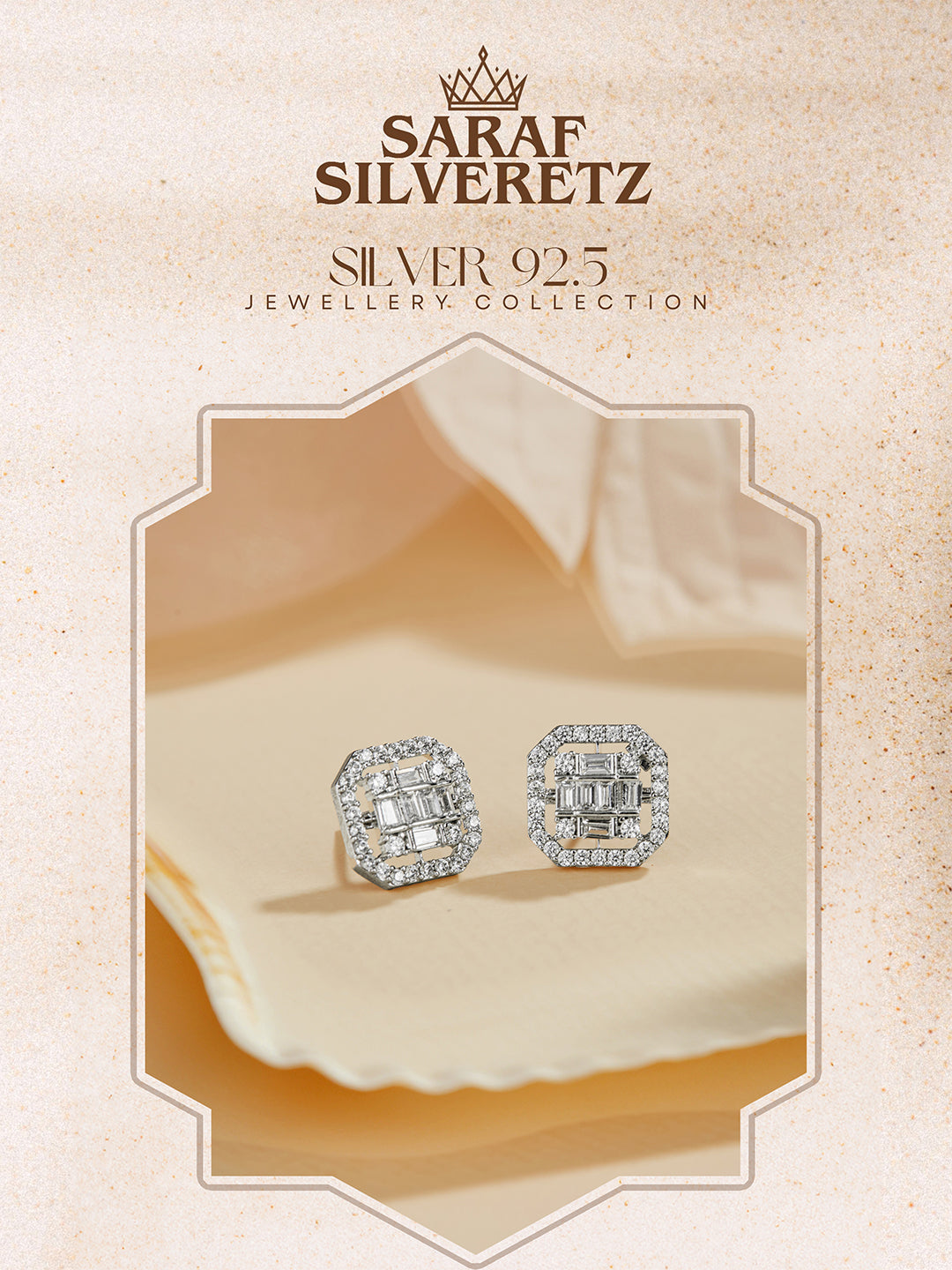 925 Sterling Silver Baguette Shaped Cubic Zirconia  in Rhodium Plated Studds Earrings