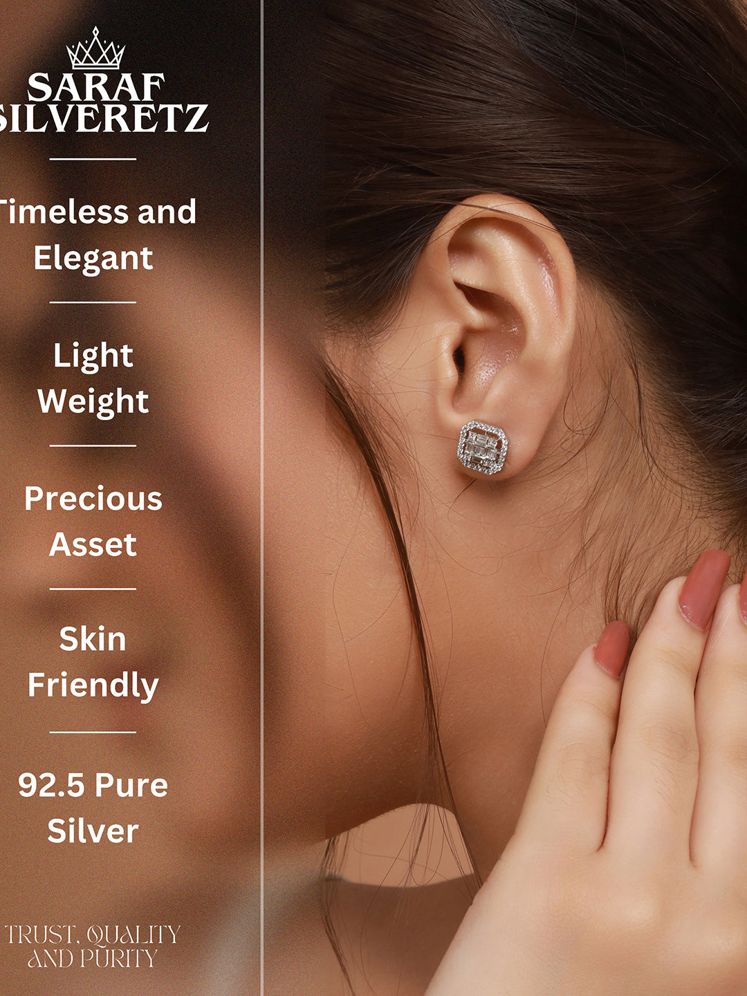 925 Sterling Silver Baguette Shaped Cubic Zirconia  in Rhodium Plated Studds Earrings