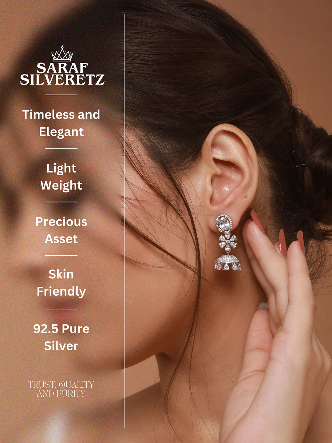 925 Sterling Silver Cubic Zirconia Studded Jhumka  Earrings